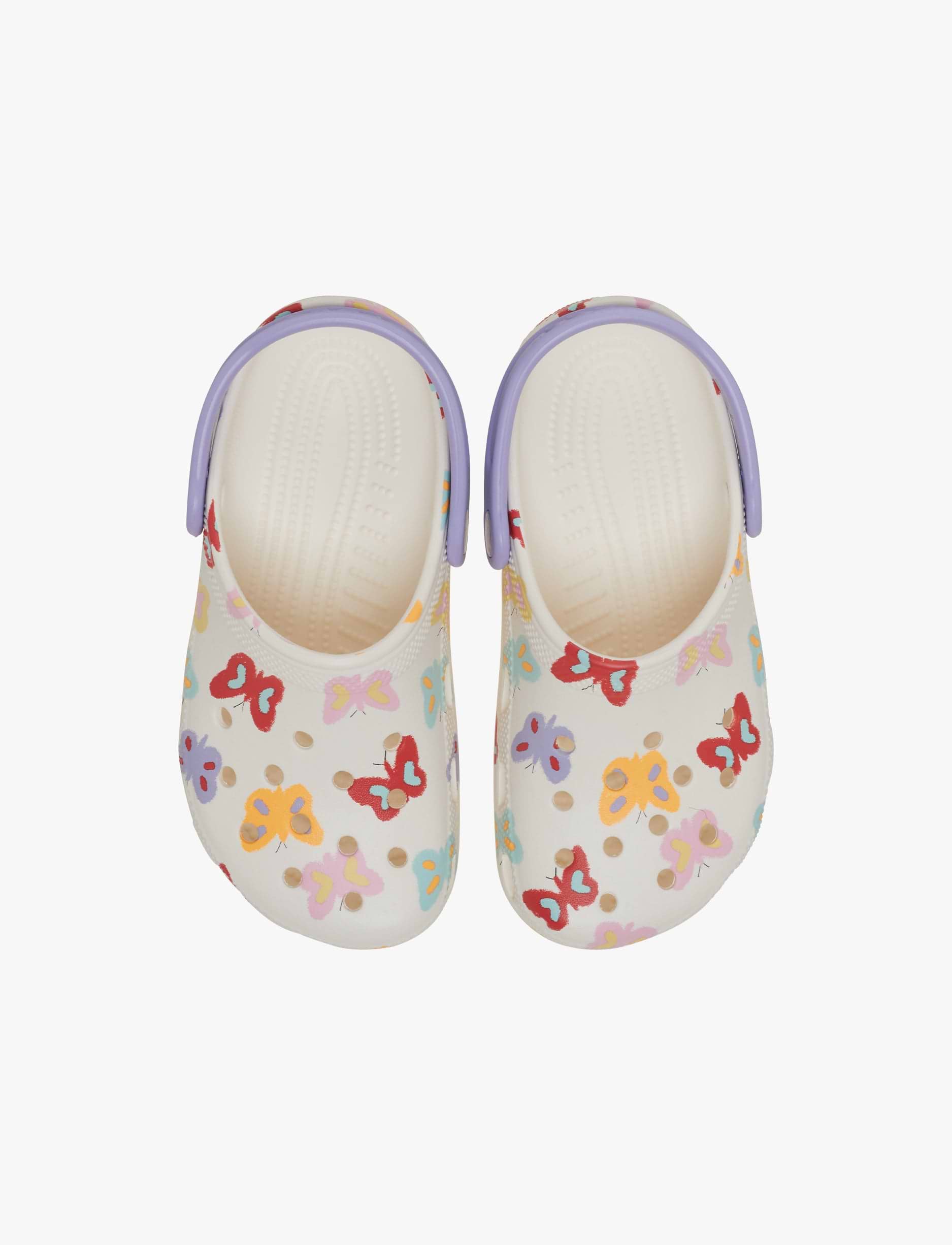 Crocs Classic Butterfly Graphic Clog T-  כפכפי קלוג קרוקס לילדים בצבע לבן גיר בהדפס פרפרים צבעוניים מידות קטנות
