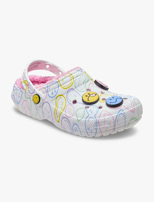 Crocs Smiley Classic Lined Clog - כפכפי קרוקס עם בטנת פרווה לנשים בצבע לבן/ורוד