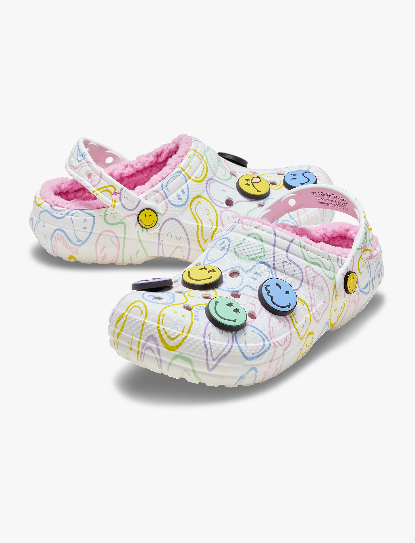Crocs Smiley Classic Lined Clog - כפכפי קרוקס עם בטנת פרווה לנשים בצבע לבן/ורוד
