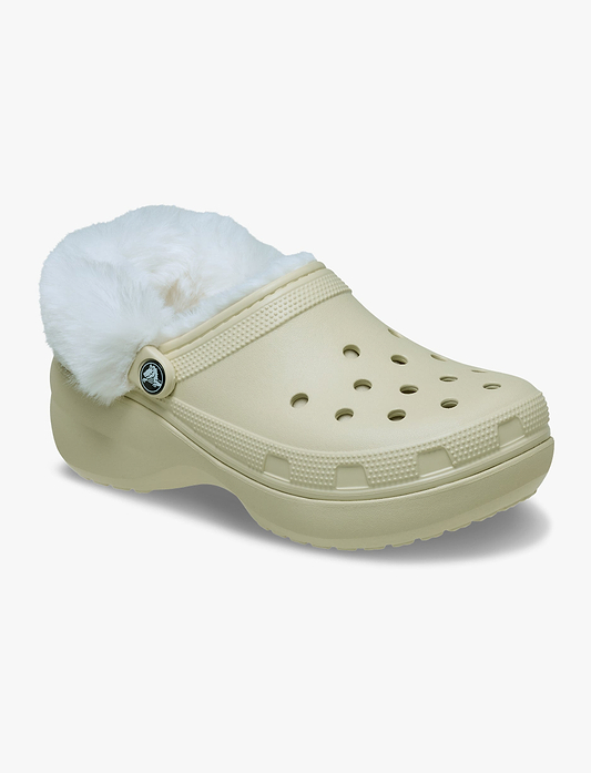 Crocs Classic Platform Fuzz Lined Clog - כפכפי קרוקס פלטפורמה פרוותיים לנשים בצבע קרם