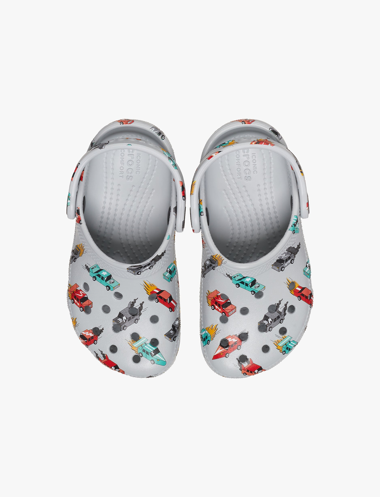 Crocs Classic Race Cars Graphic Clog T-  כפכפי קרוקס לילדים בצבע אפור עם הדפס מכוניות
