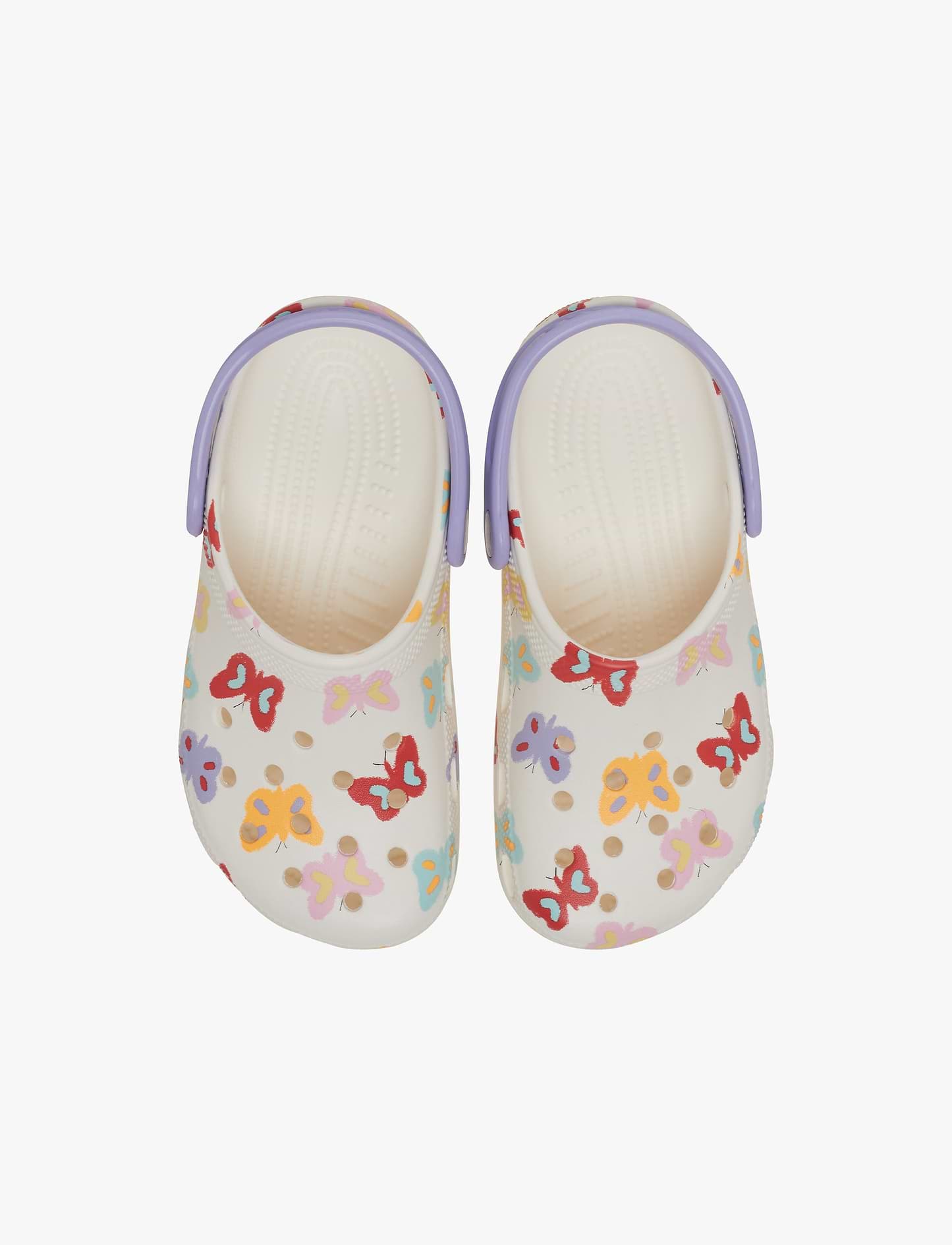 Crocs Classic Butterfly Graphic Clog K כפכפי קלוג קרוקס לילדים בצבע לבן גיר בהדפס פרפרים צבעוניים