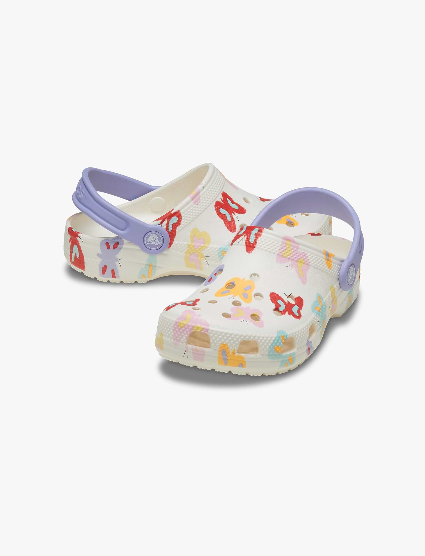 Crocs Classic Butterfly Graphic Clog K כפכפי קלוג קרוקס לילדים בצבע לבן גיר בהדפס פרפרים צבעוניים