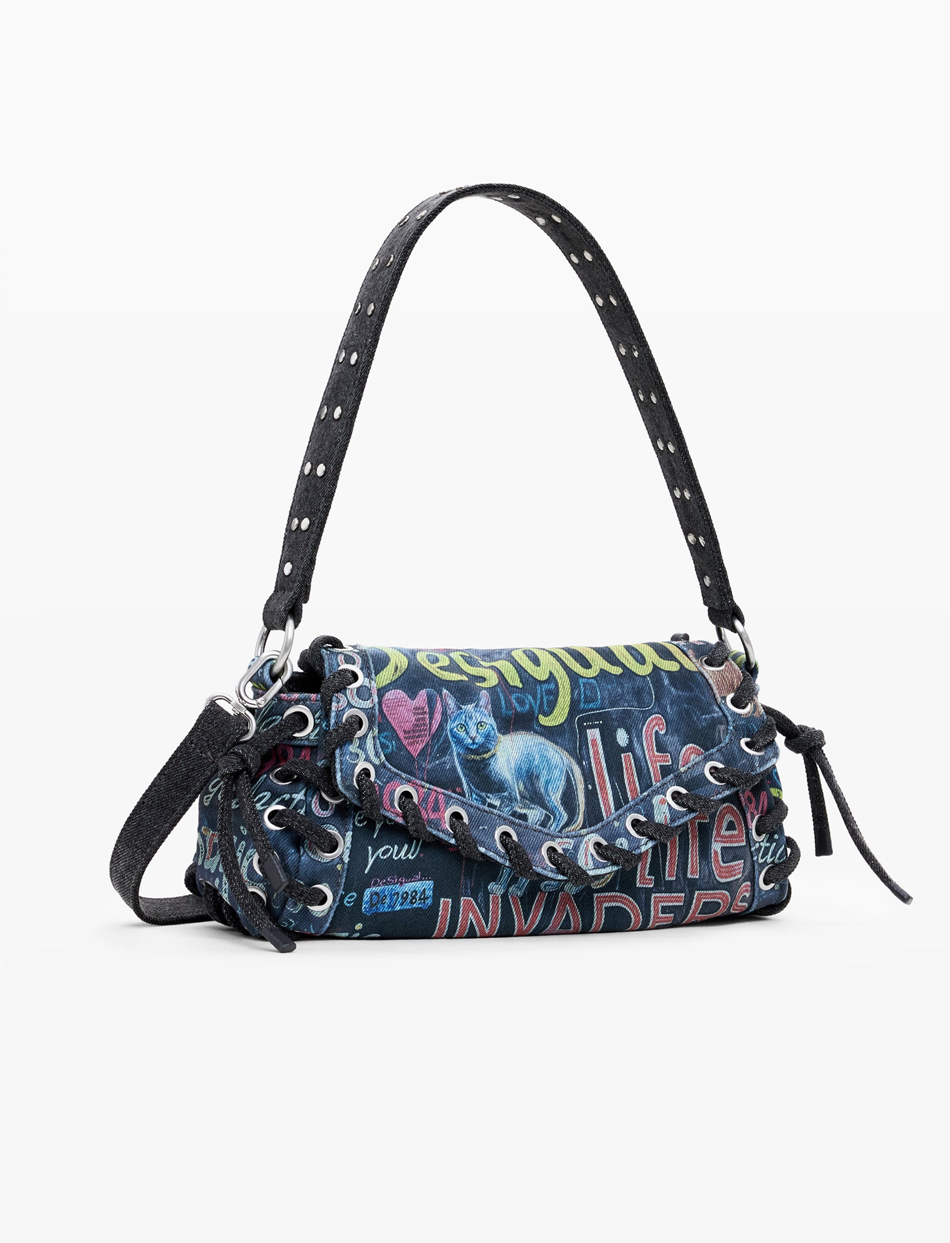 Desigual Bag Pizzicato Zarauz 25WAXD22 - תיק צד שחור גרפיטי דיזיגוואל לנשים