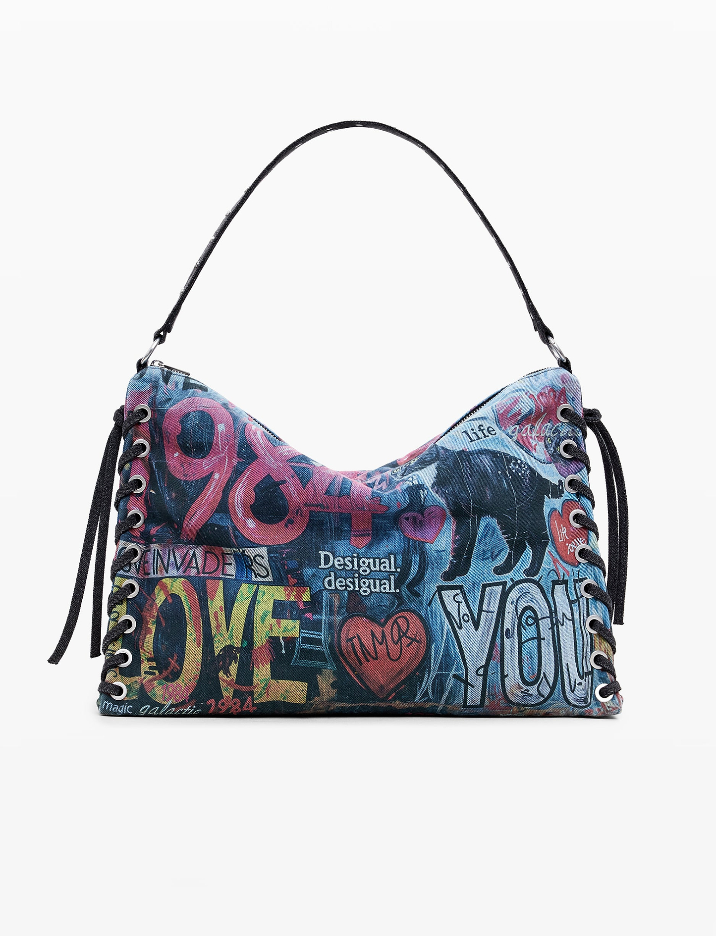 Desigual Bag Pizzicato Leiria 25WAXD23 - תיק צד שחור גרפיטי דיזיגוואל לנשים