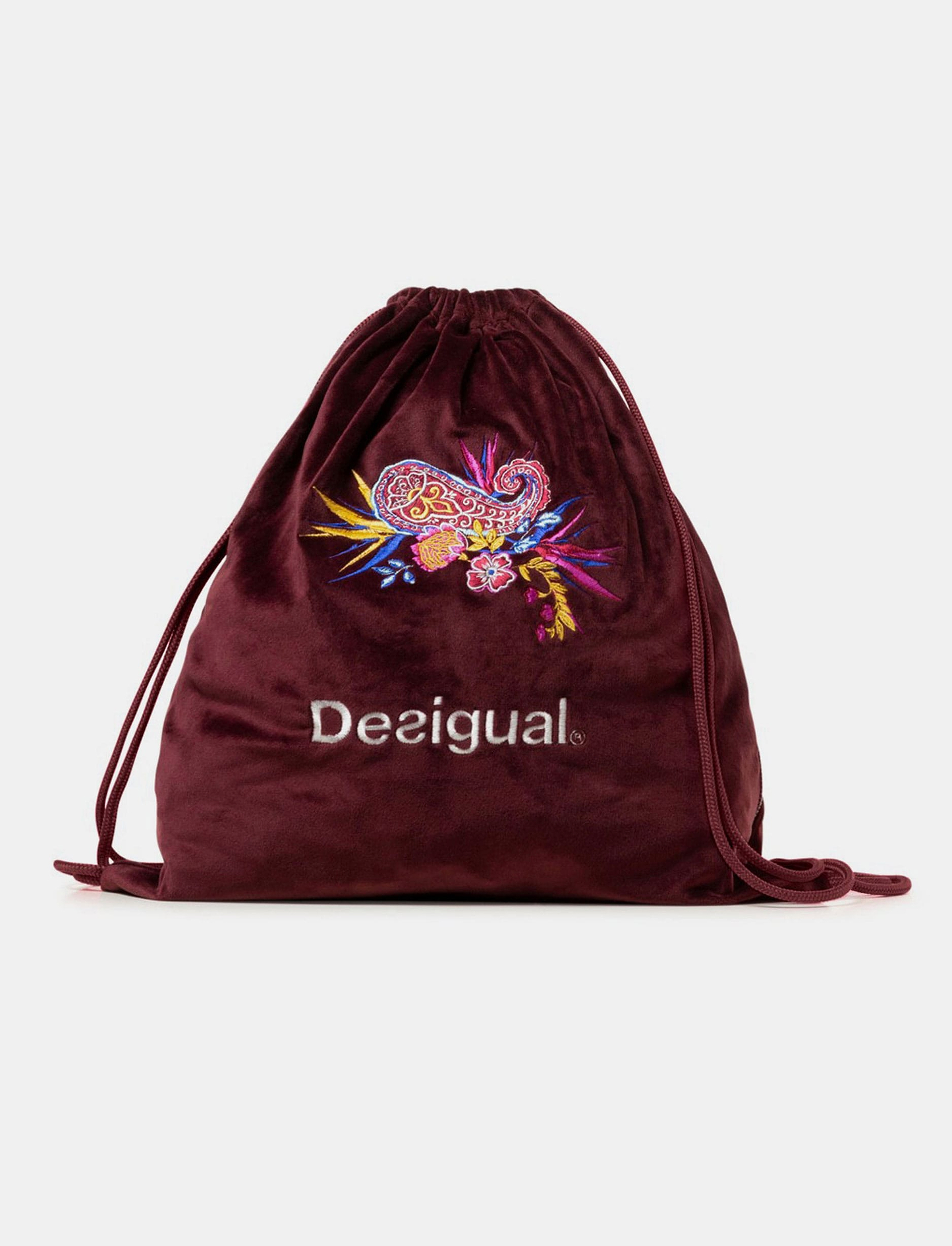 Desigual - תיק שק בורדו במגע קטיפה עם רקמת פרחים צבעונית