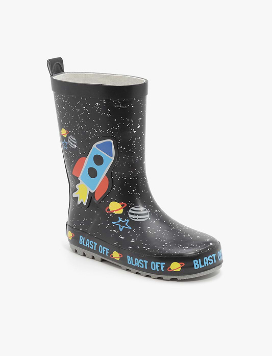 Rain Boot Mighty Kids – מגפי גומי מייטי לילדים בהדפס חללית בחלל בצבע שחור