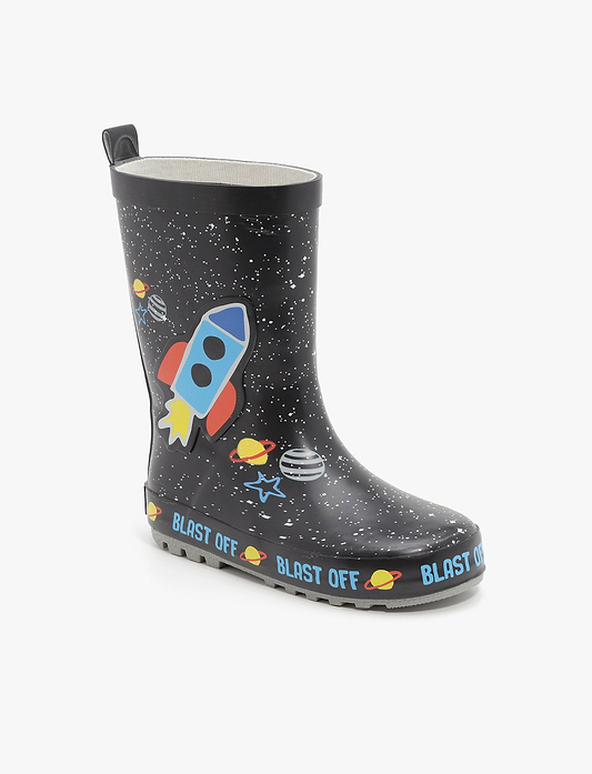 Rain Boot Mighty Kids – מגפי גומי מייטי לילדים בהדפס חללית בחלל בצבע שחור