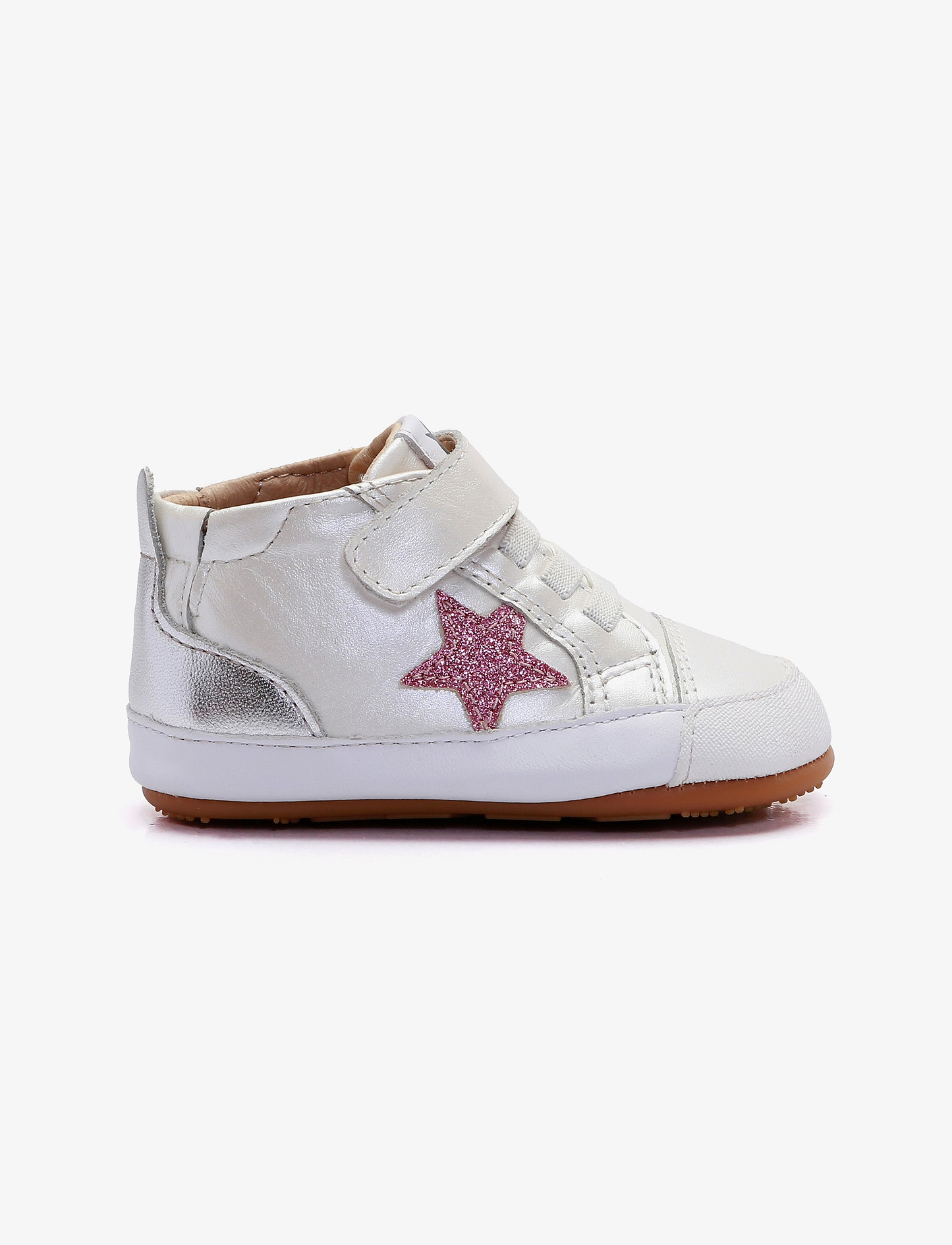 Oldsoles Platinum Bub - נעלי סניקרס צעד ראשון אולדסולס לילדים בצבע לבן פנינה/ורוד/כסוף