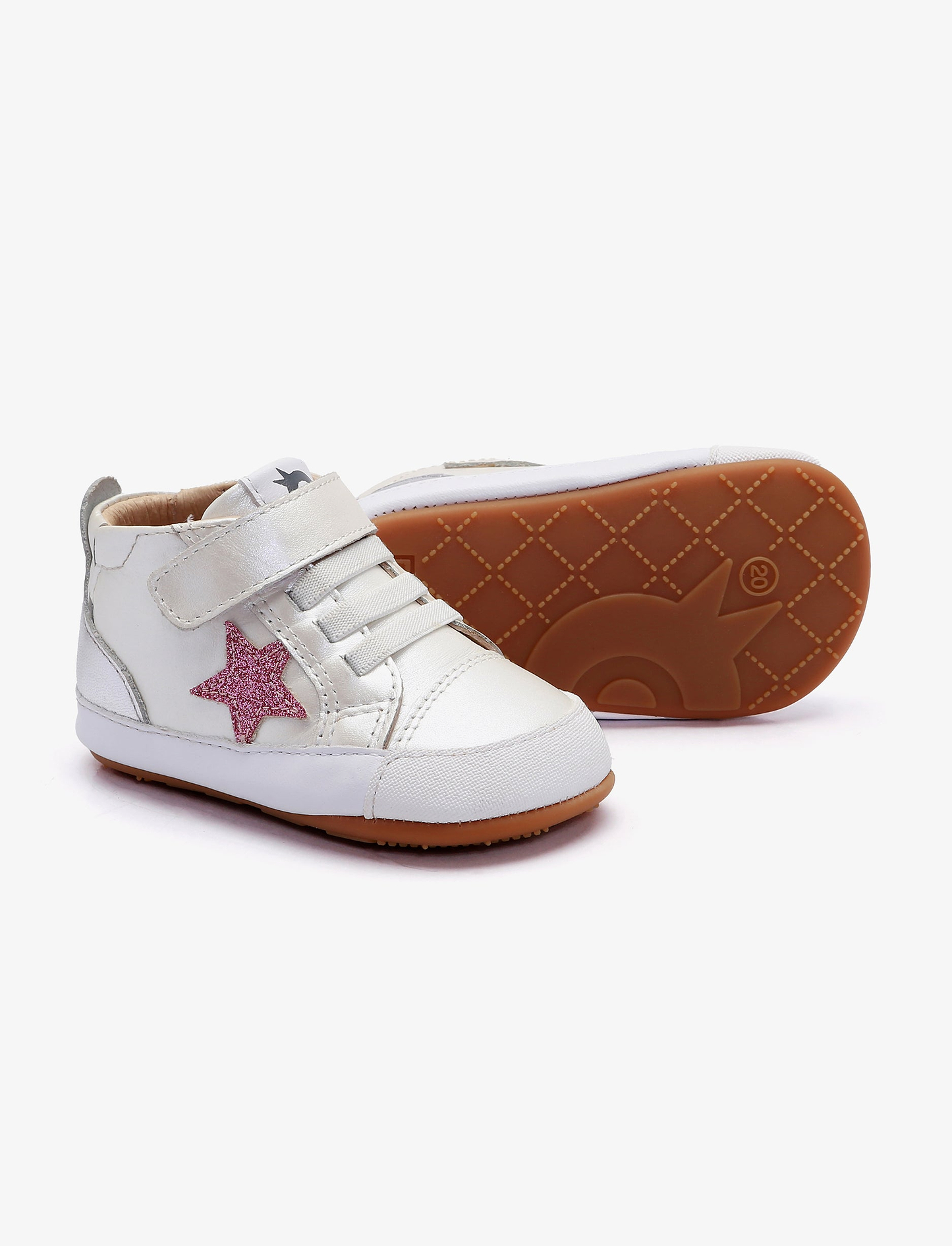 Oldsoles Platinum Bub - נעלי סניקרס צעד ראשון אולדסולס לילדים בצבע לבן פנינה/ורוד/כסוף