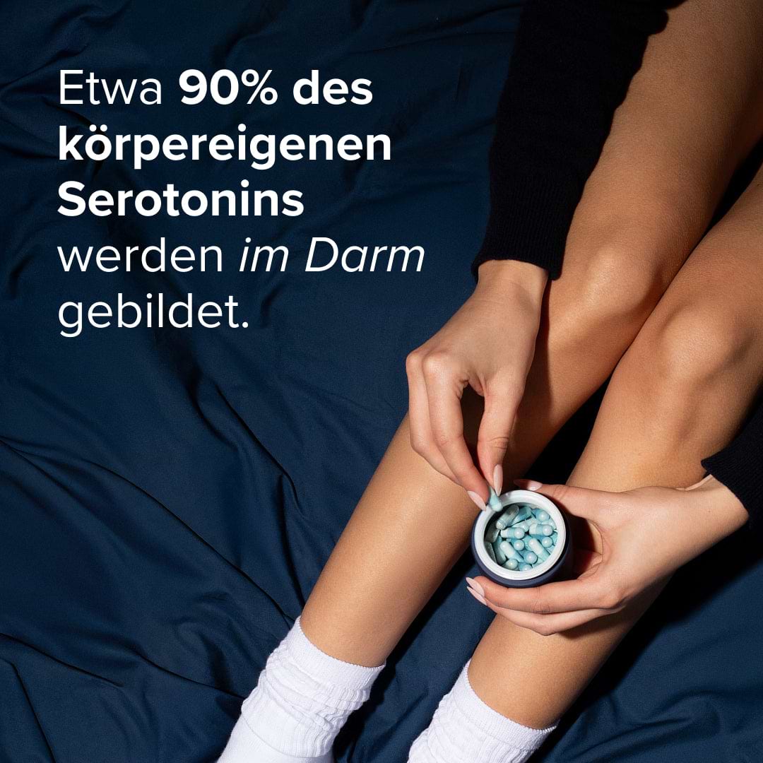Brainbacs Kapseln von mybacs® – Hinweis darauf, dass etwa 90 % des körpereigenen Serotonins im Darm gebildet werden.