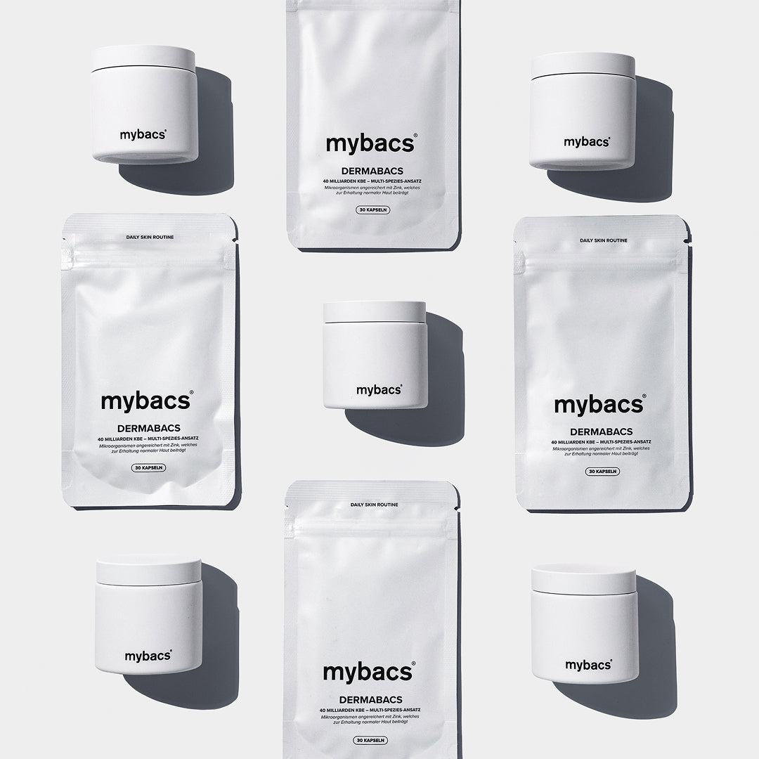 Dermabacs® von mybacs® – Probiotikum mit 40 Milliarden Bakterien als Daily Skin Routine im Refill-Beutel mit Aufbewahrungsglas