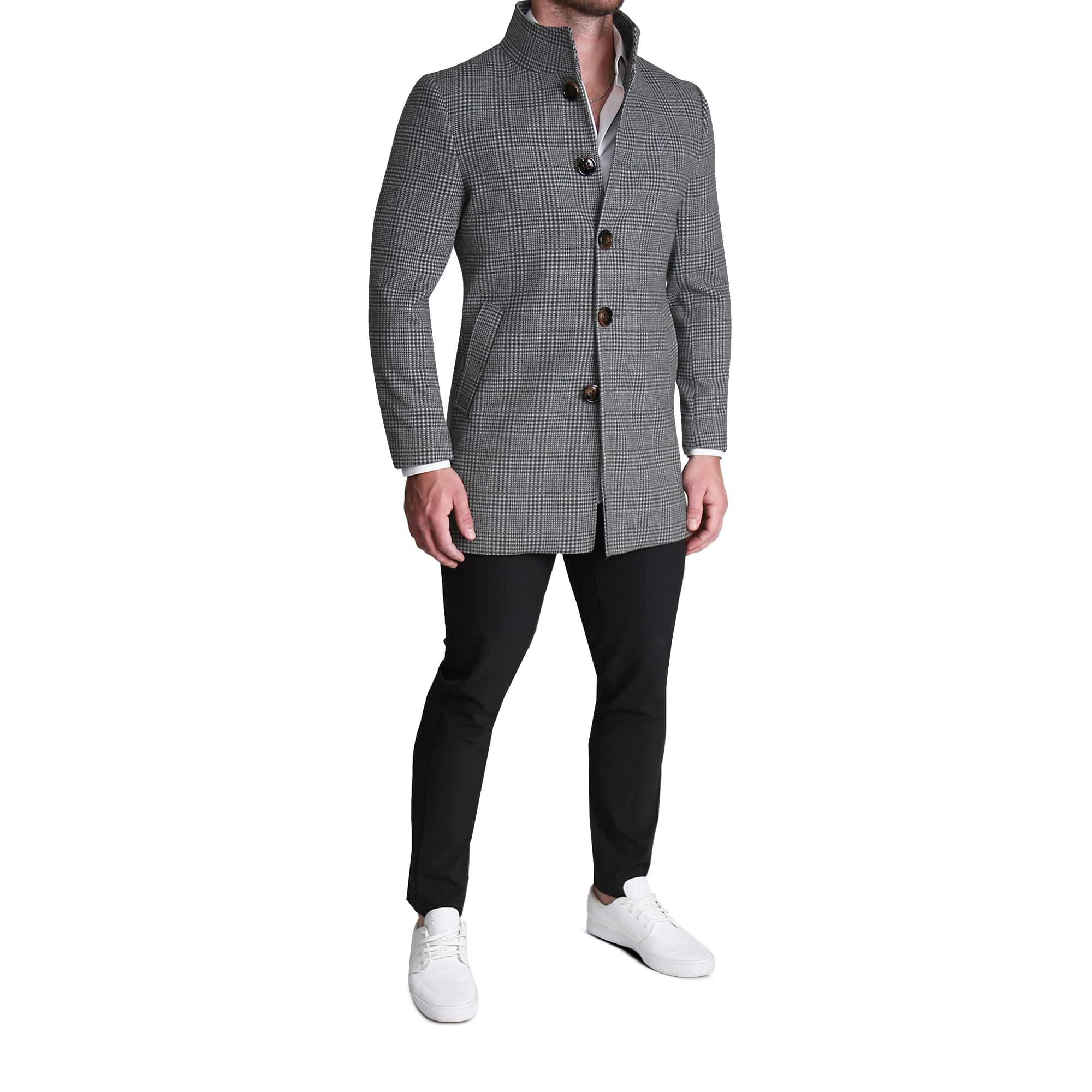 Charcoal Plaid Open Button Overcoat