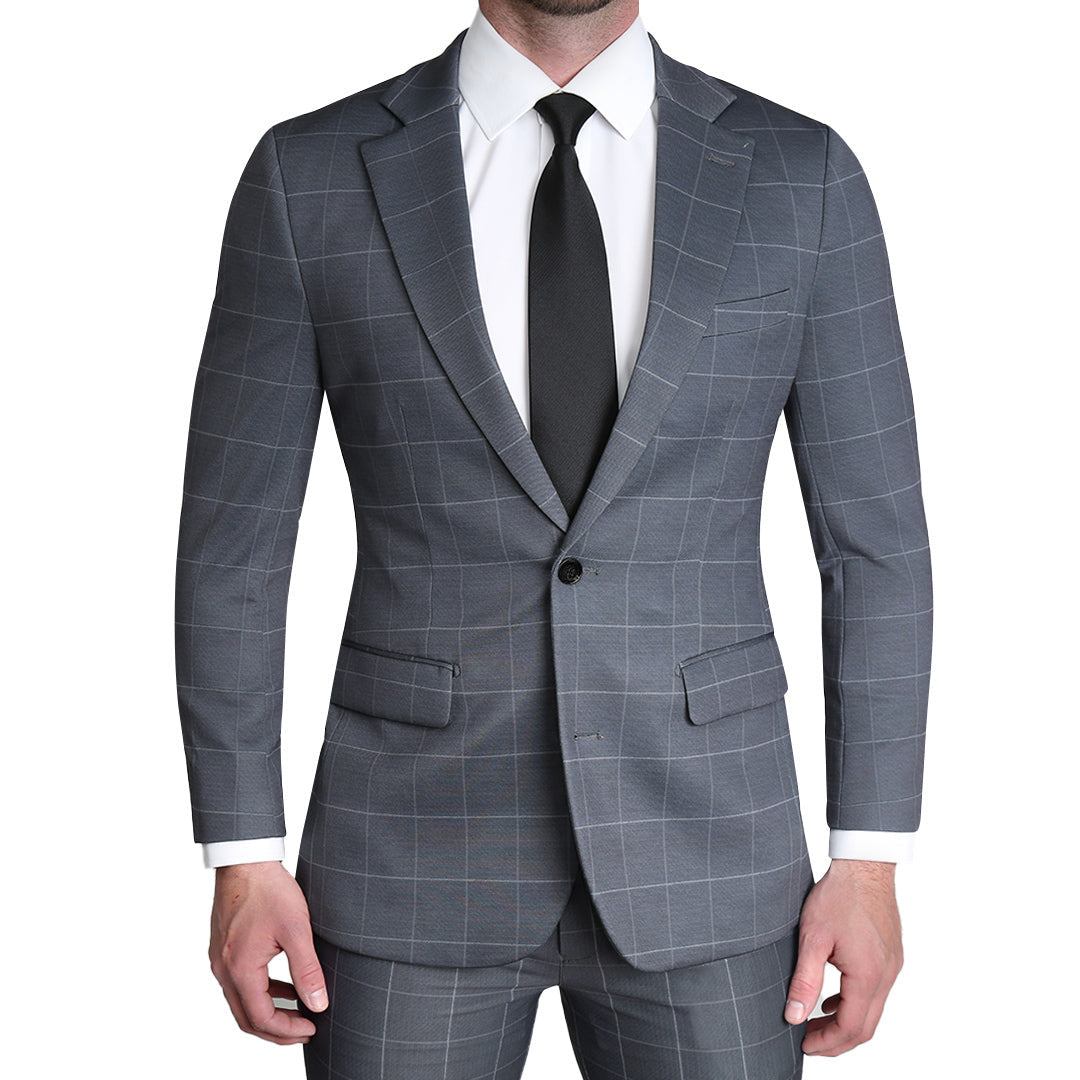 Athletic Fit Stretch Blazer - Grey and White Big Windowpane