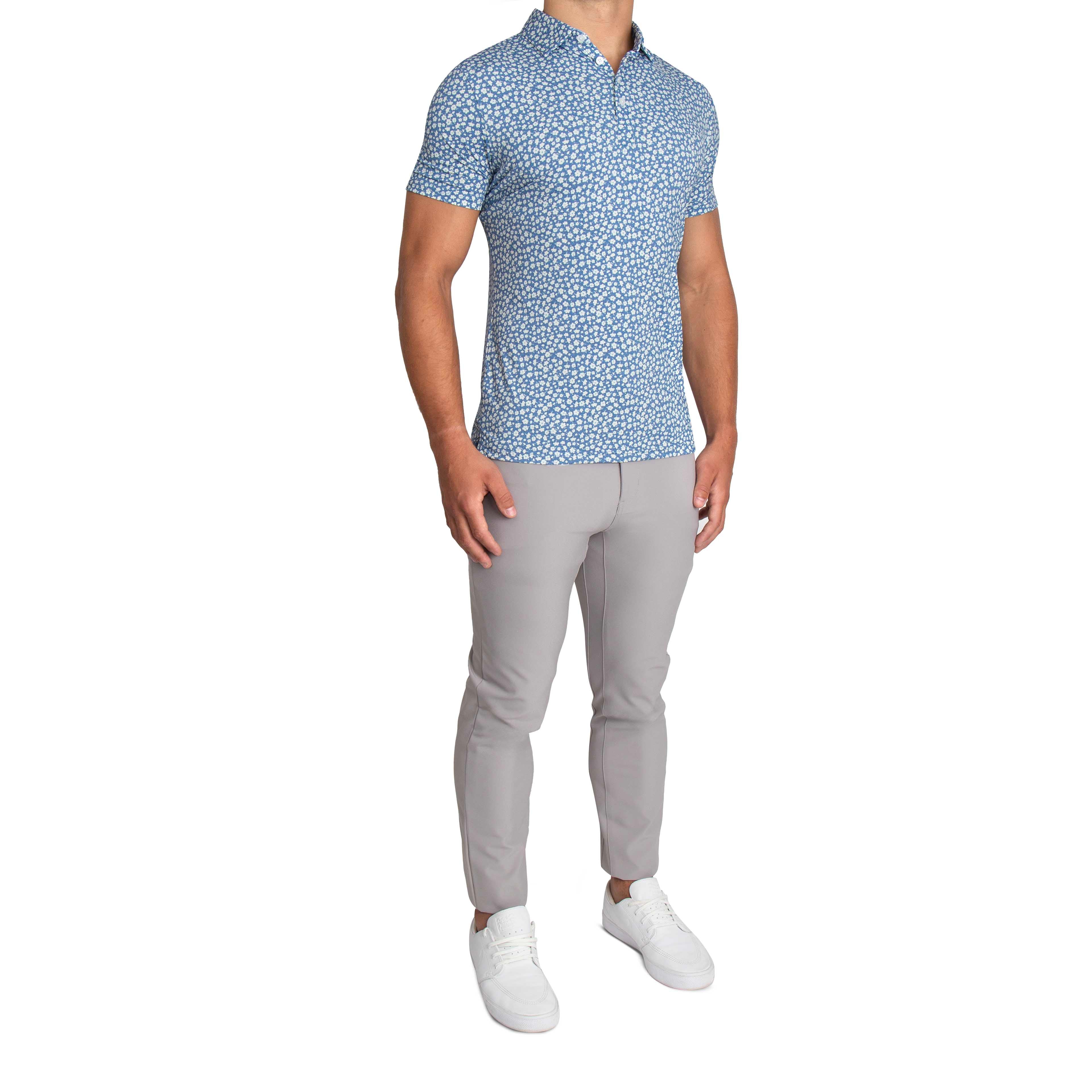 "The Ken" White & Light Blue Floral Print Polo