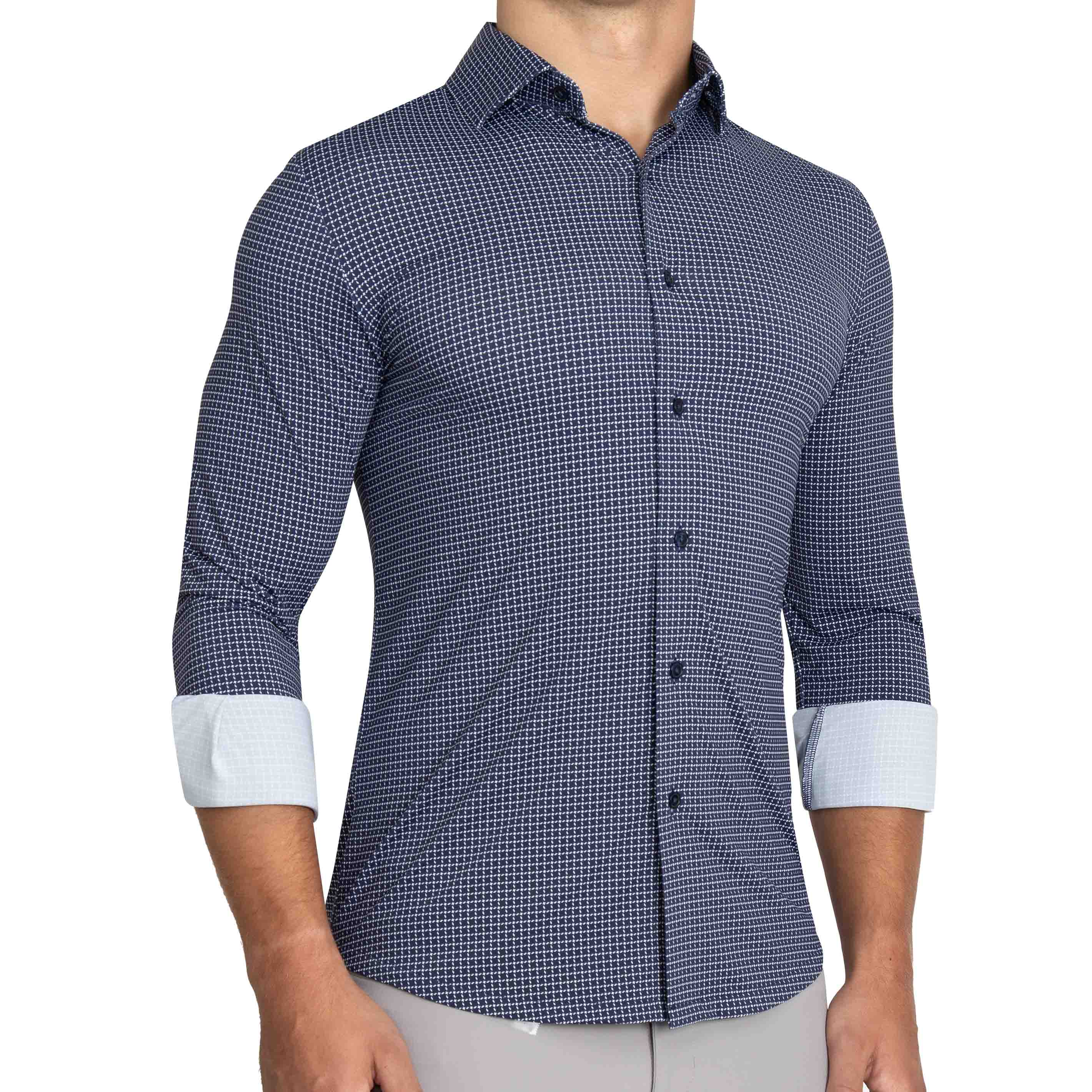 Sports Shirt Navy Tattersall on White Background with Blue Microdesign