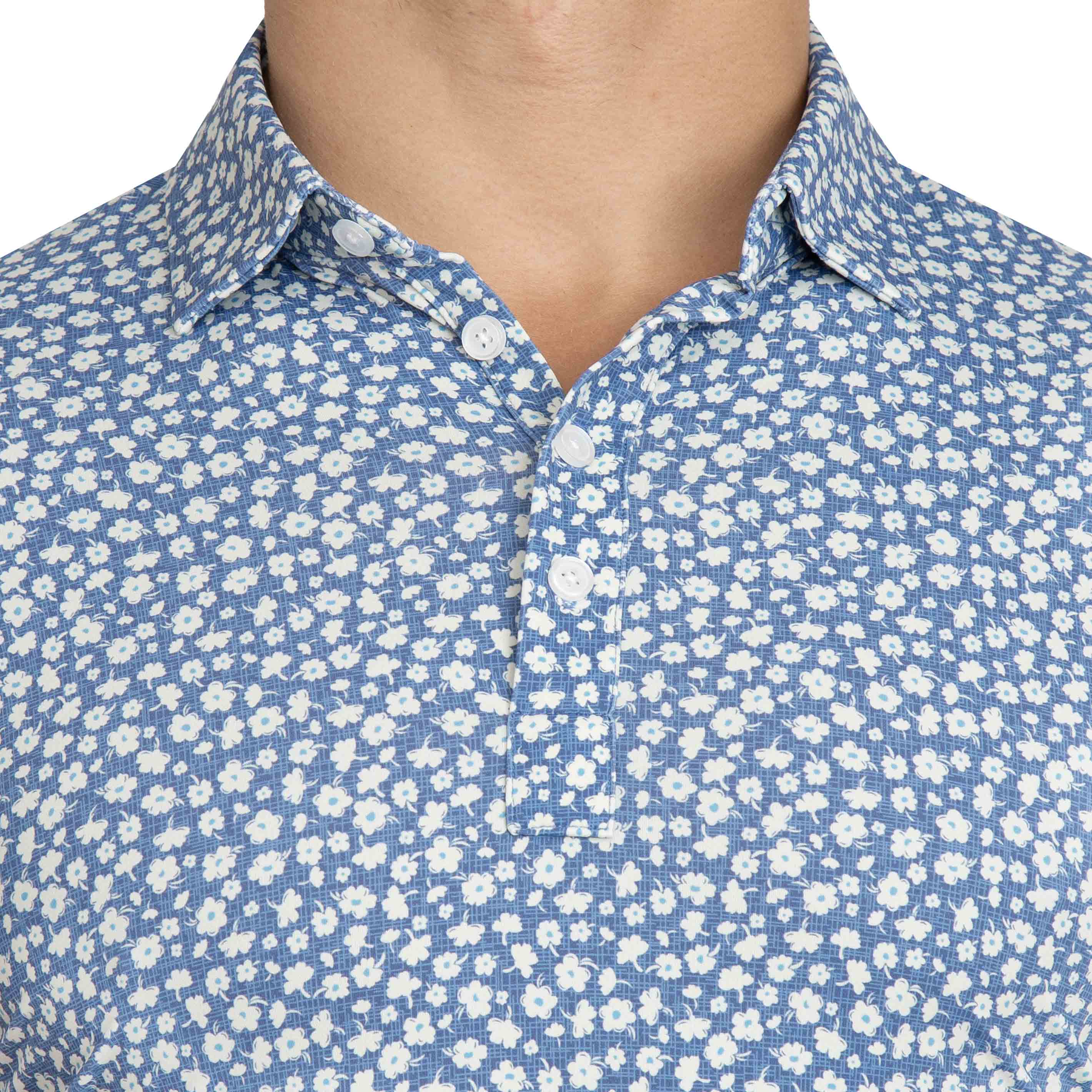 "The Ken" White & Light Blue Floral Print Polo