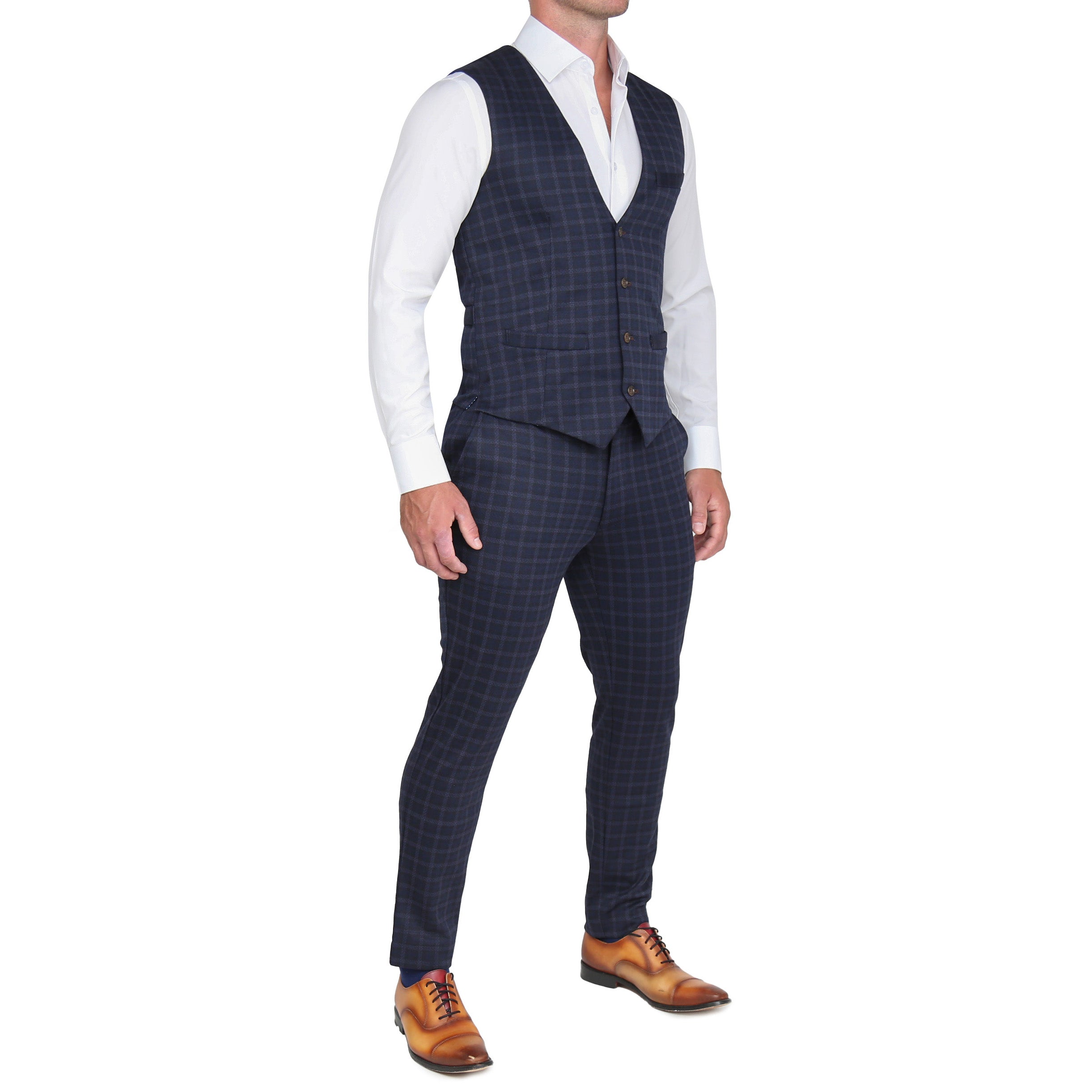 Athletic Fit Stretch Suit Vest - Blue Plaid