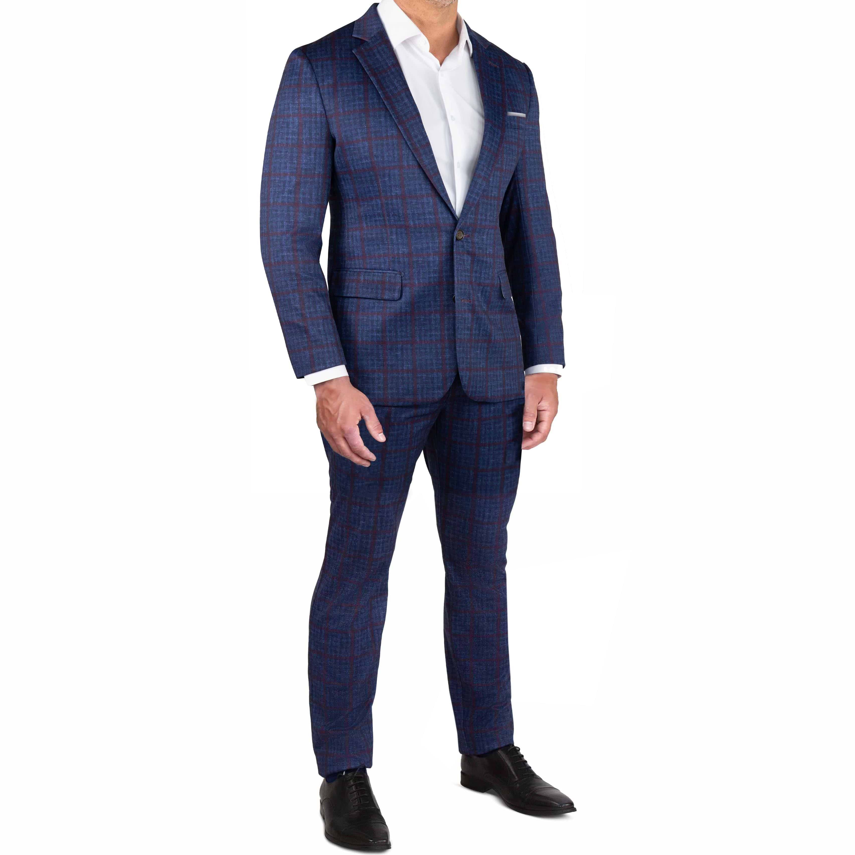 Athletic Fit Stretch Blazer - Navy & Maroon Windowpane