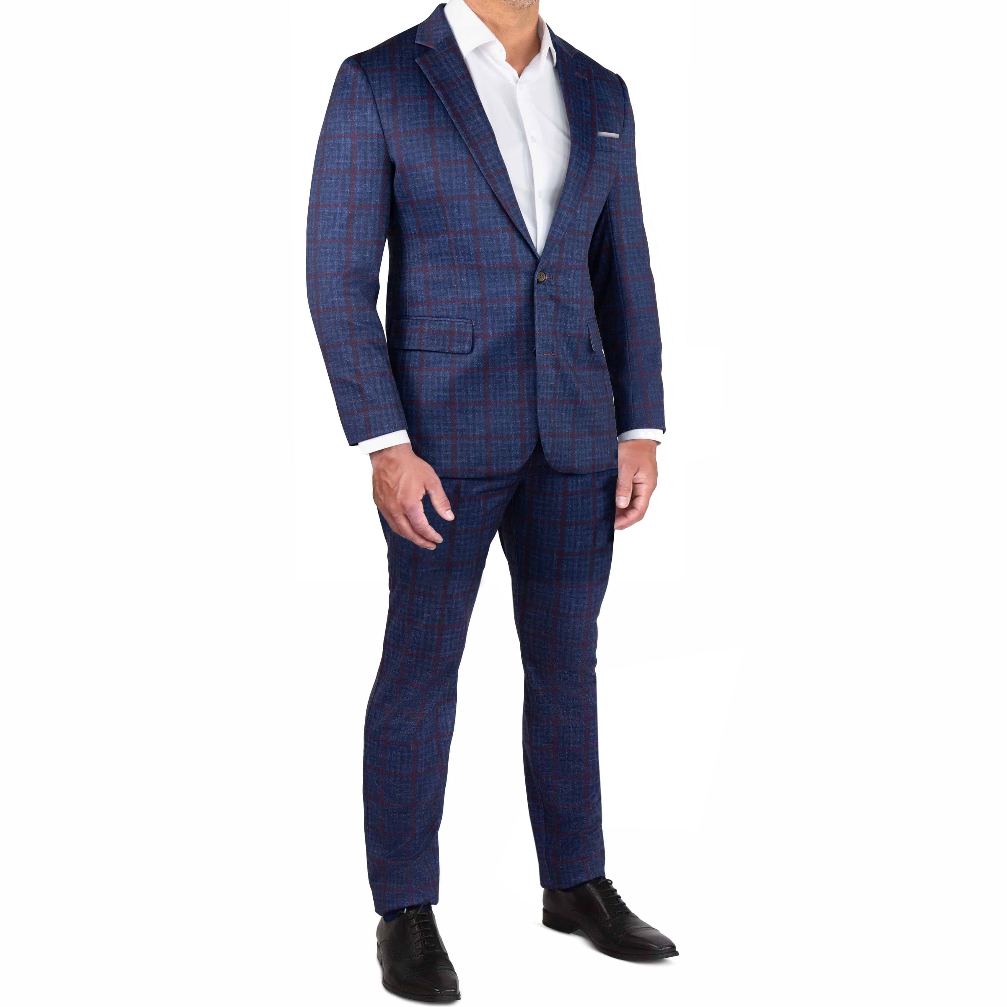 Athletic Fit Stretch Suit Navy Maroon Windowpane