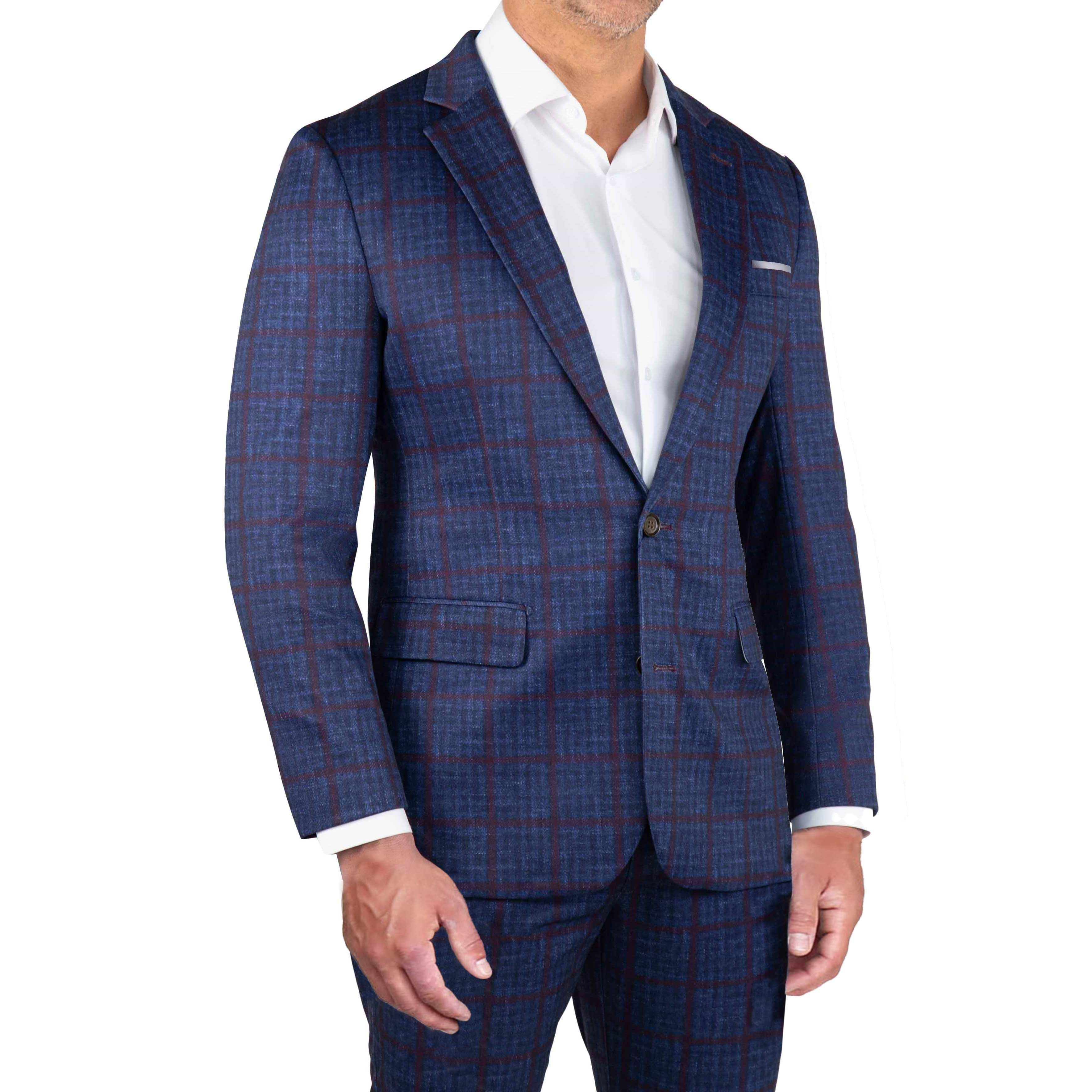 Athletic Fit Stretch Blazer - Navy & Maroon Windowpane