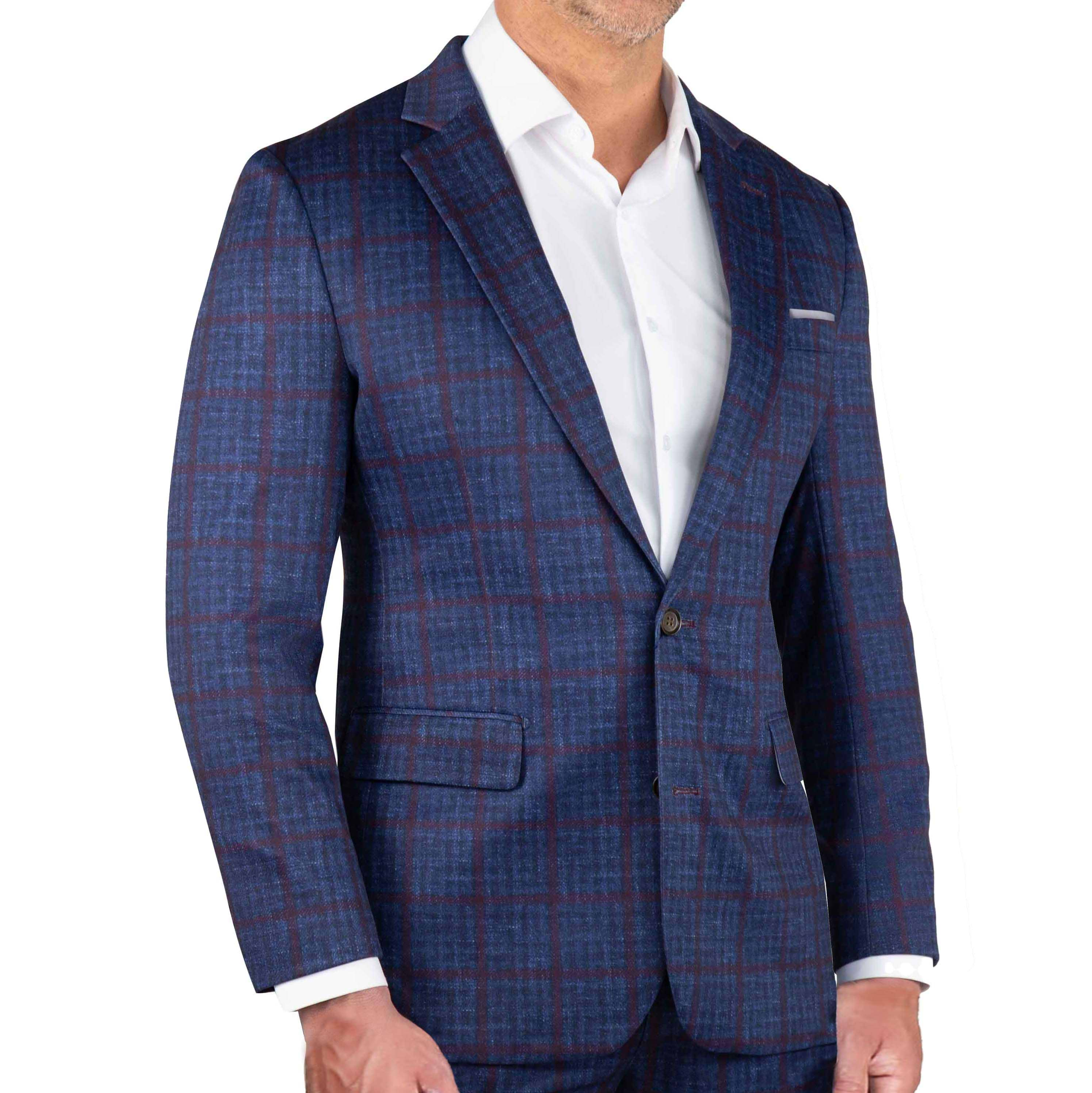 Athletic Fit Stretch Blazer - Navy & Maroon Windowpane