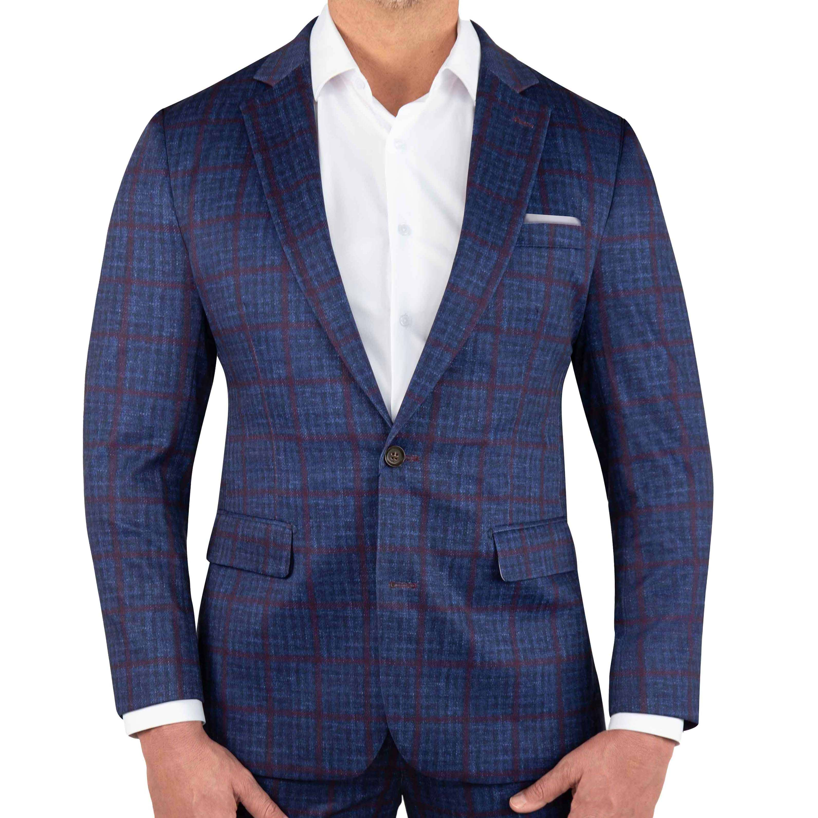 Athletic Fit Stretch Blazer - Navy & Maroon Windowpane