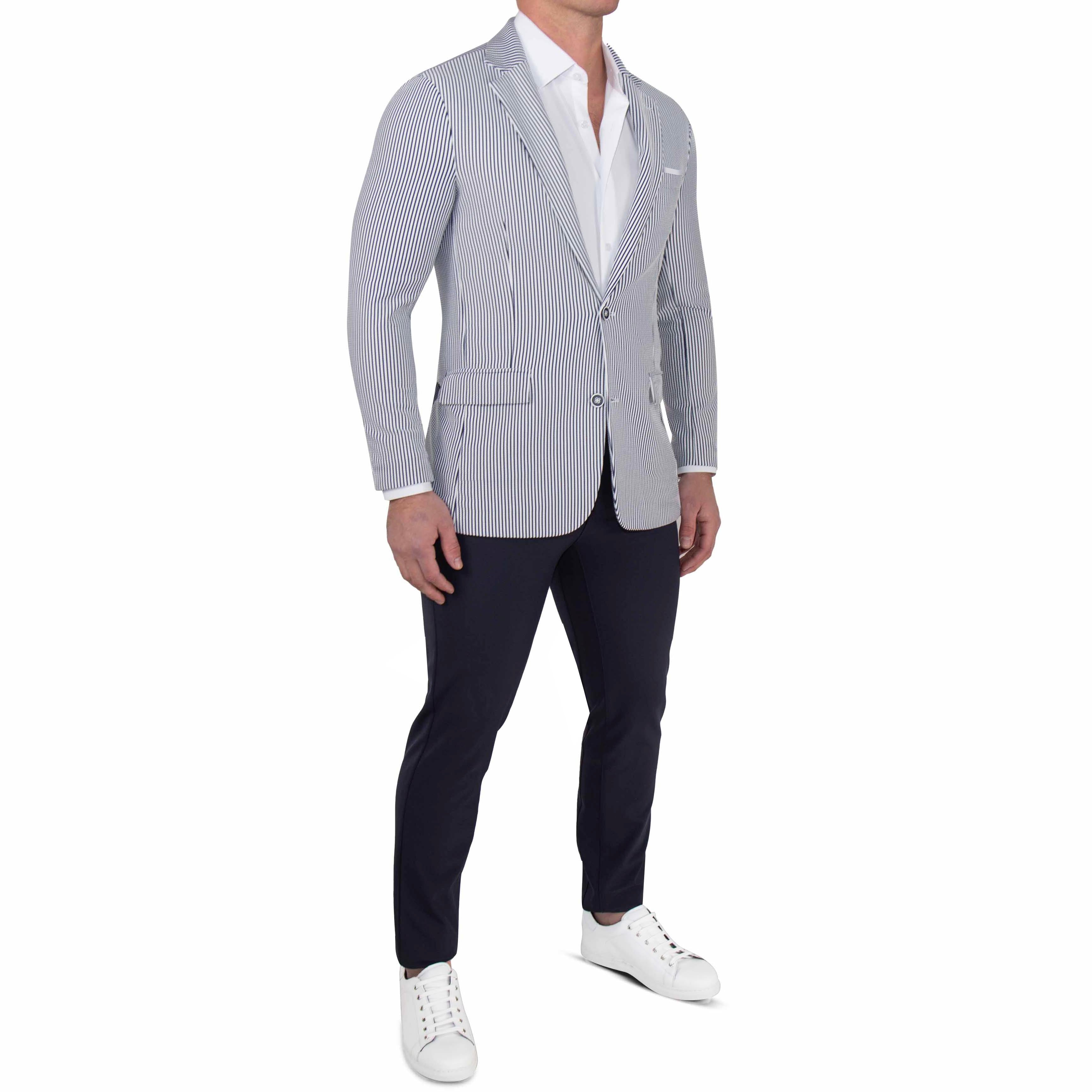 Athletic Fit Stretch Blazer - Navy & White Seersucker