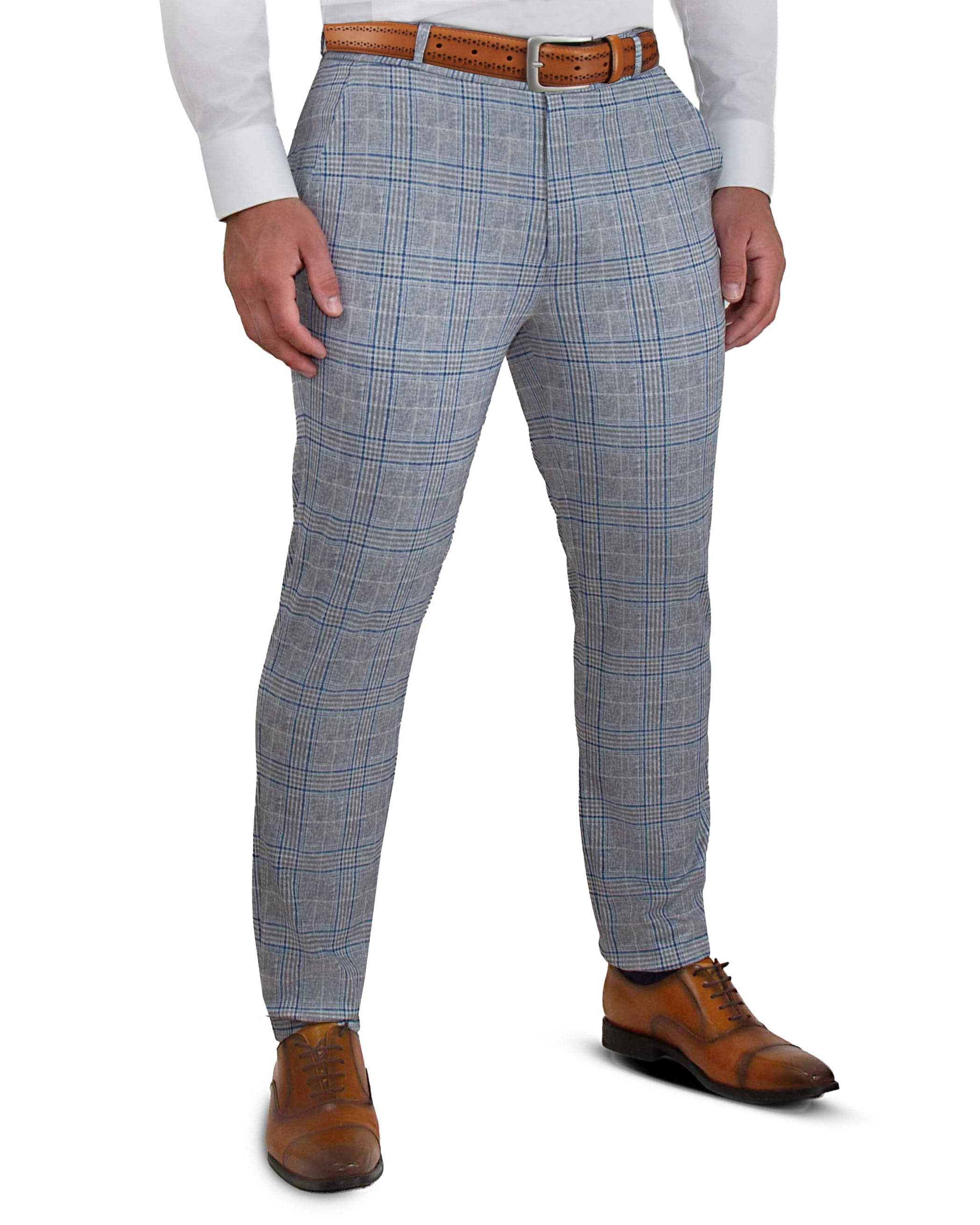 Athletic Fit Stretch Suit Pants Grey Royal Blue Plaid