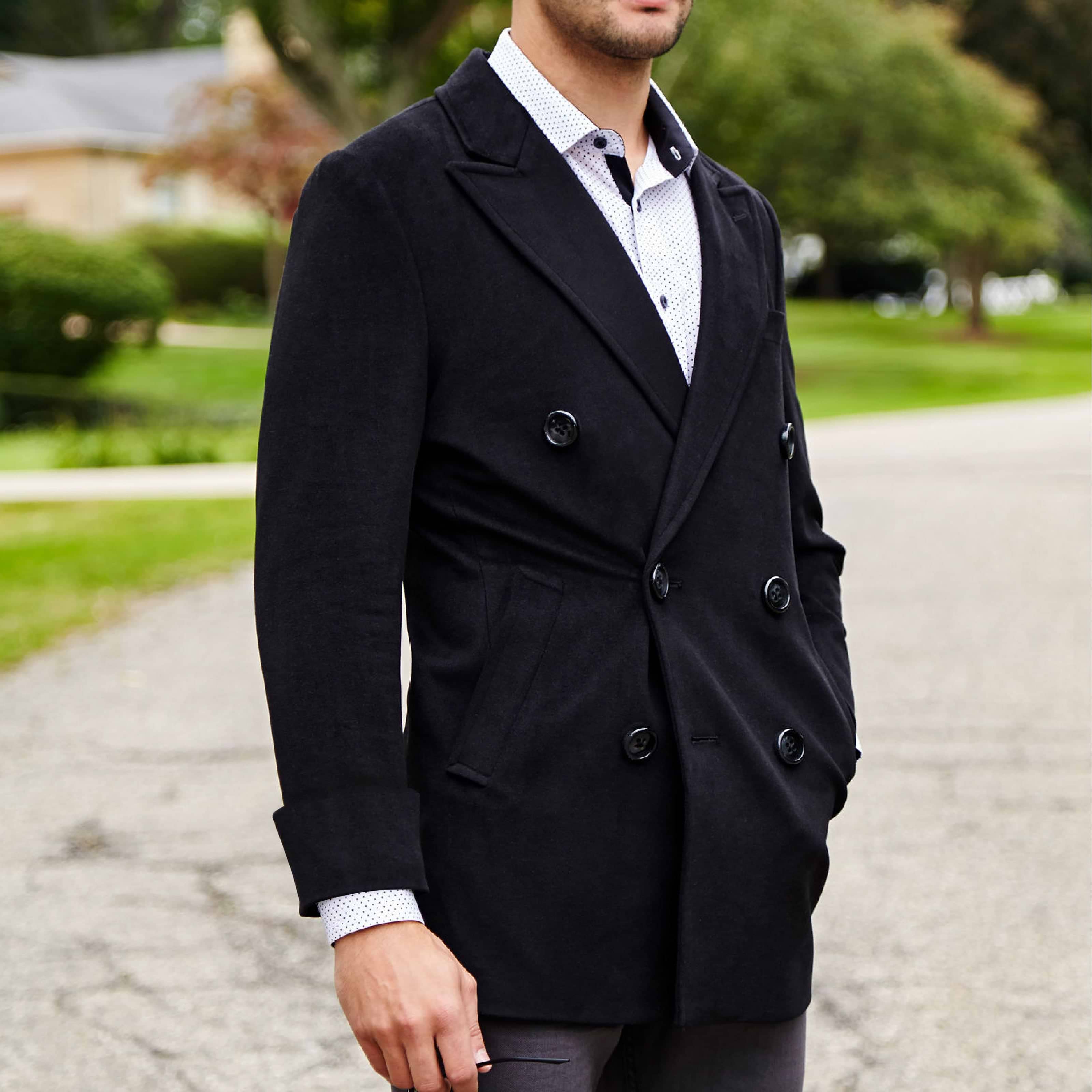 Solid Black Double-Breasted Overcoat