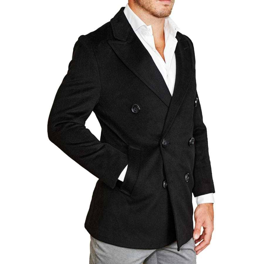 Solid Black Double-Breasted Overcoat