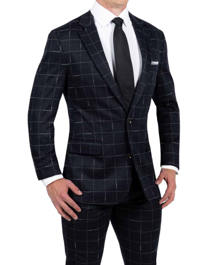 Athletic Fit Stretch Wool Suit - Midnight Navy & Chalk Windowpane