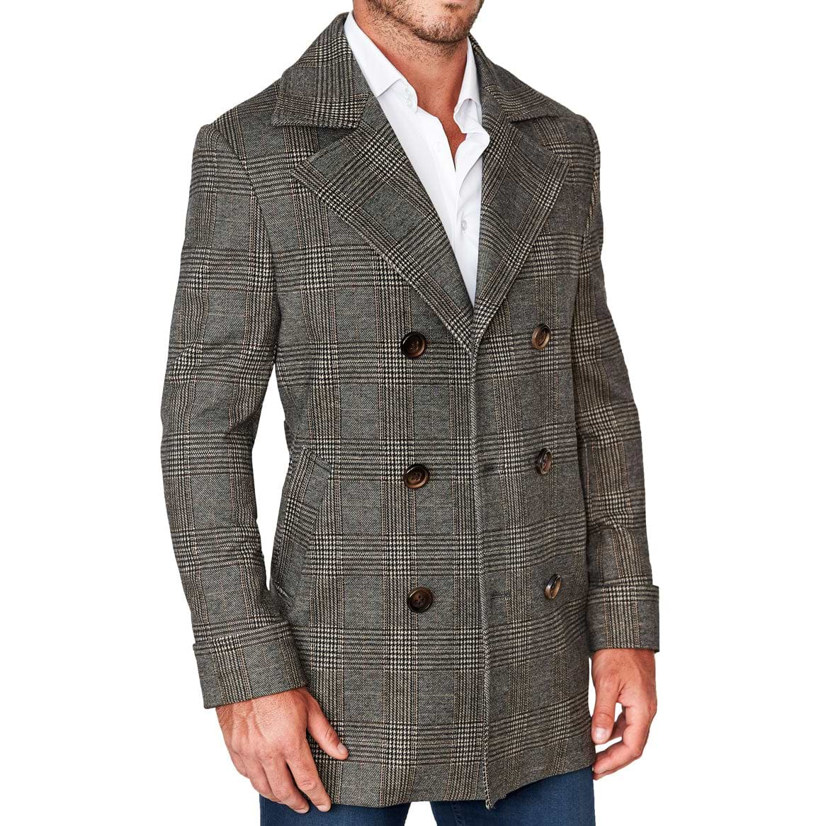 Brown Plaid Double-Breasted Overcoat