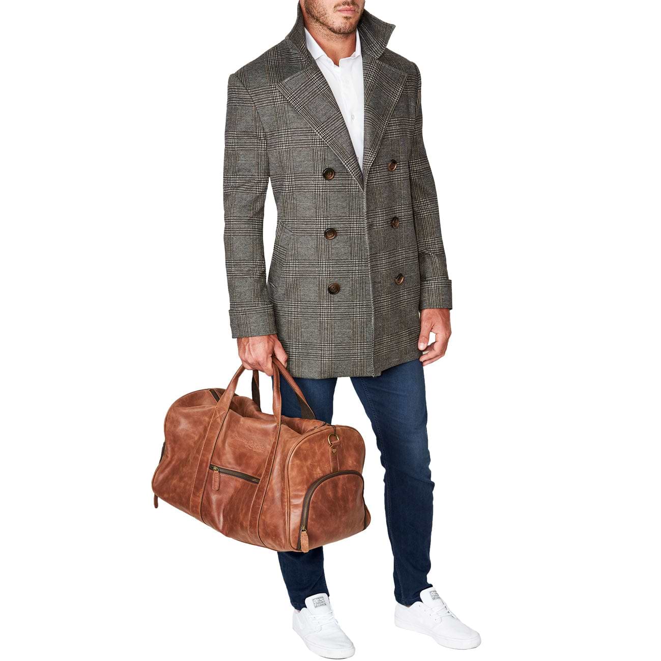 Brown Plaid Double-Breasted Overcoat