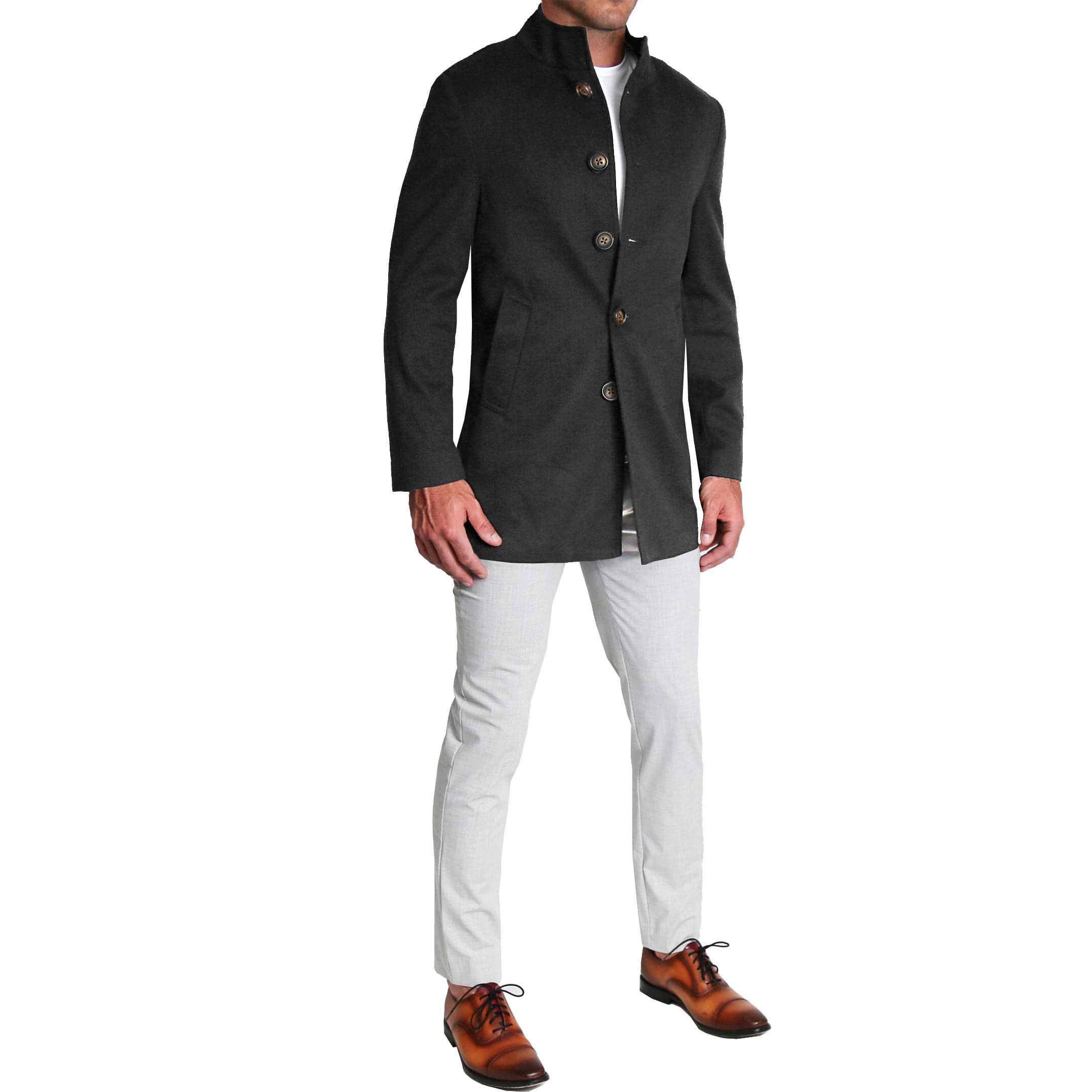 Solid Black Open Button Overcoat