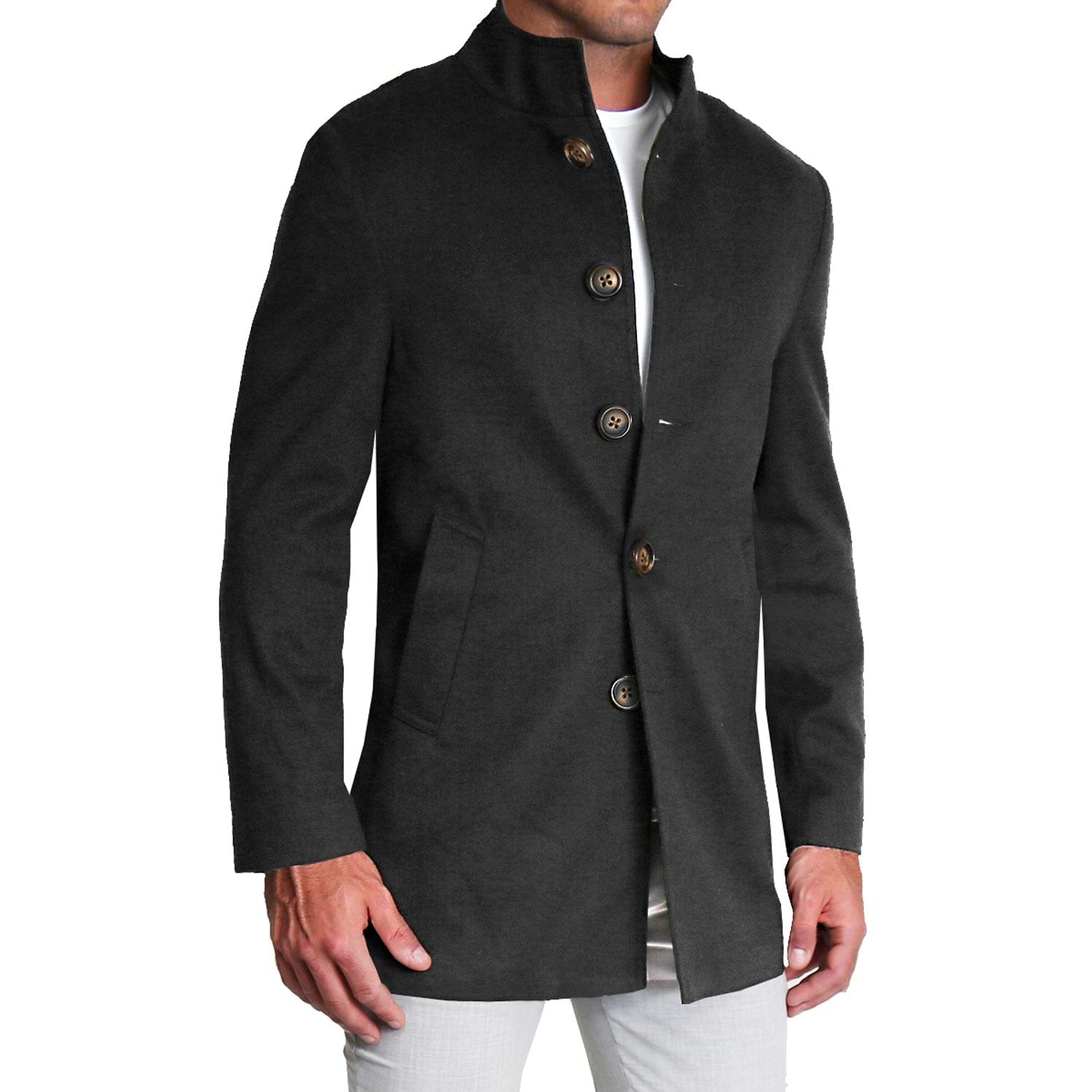 Solid Black Herringbone Open Button Overcoat