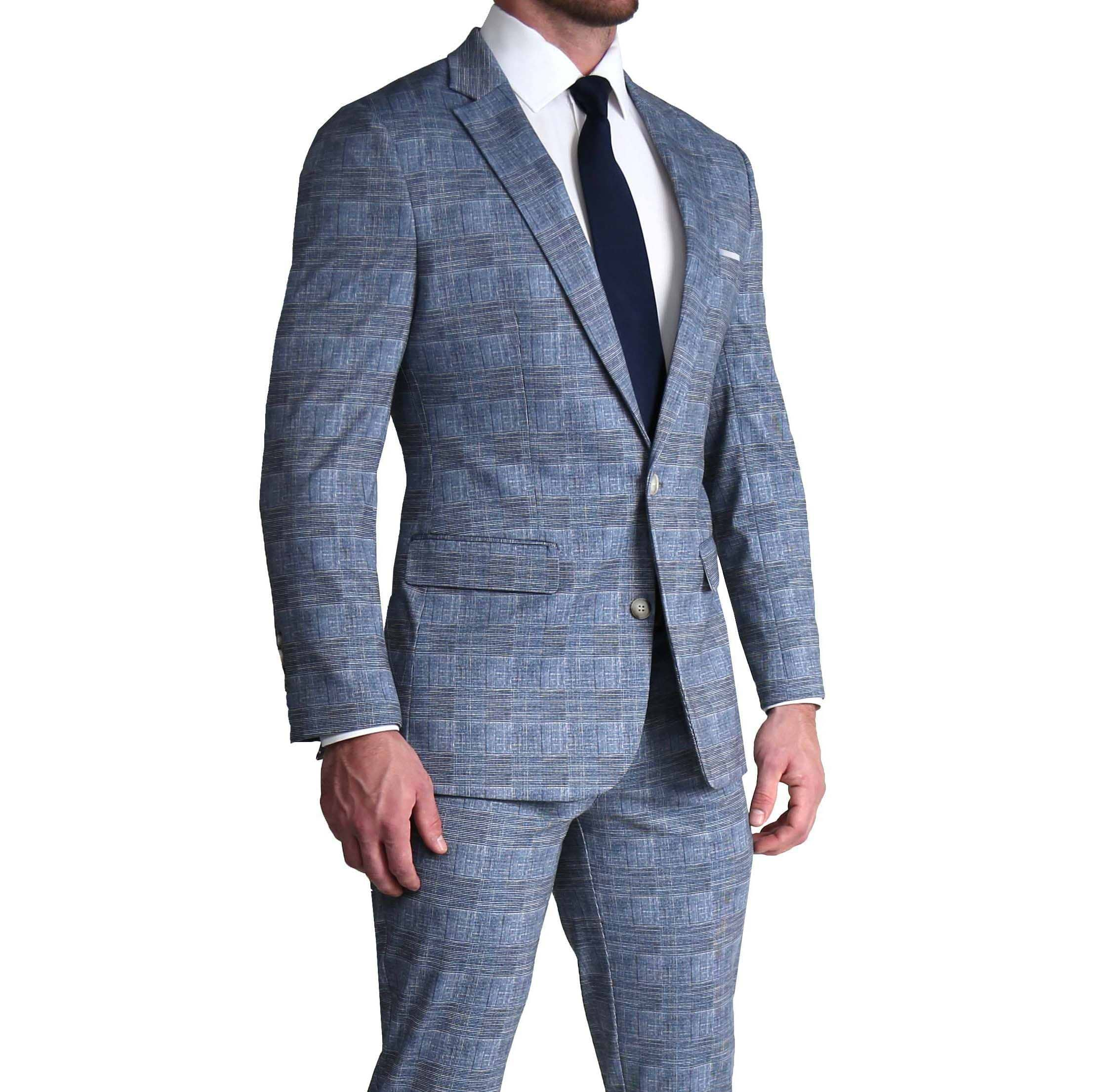 Athletic Fit Stretch Suit - Knit Light Blue, Navy & White Plaid