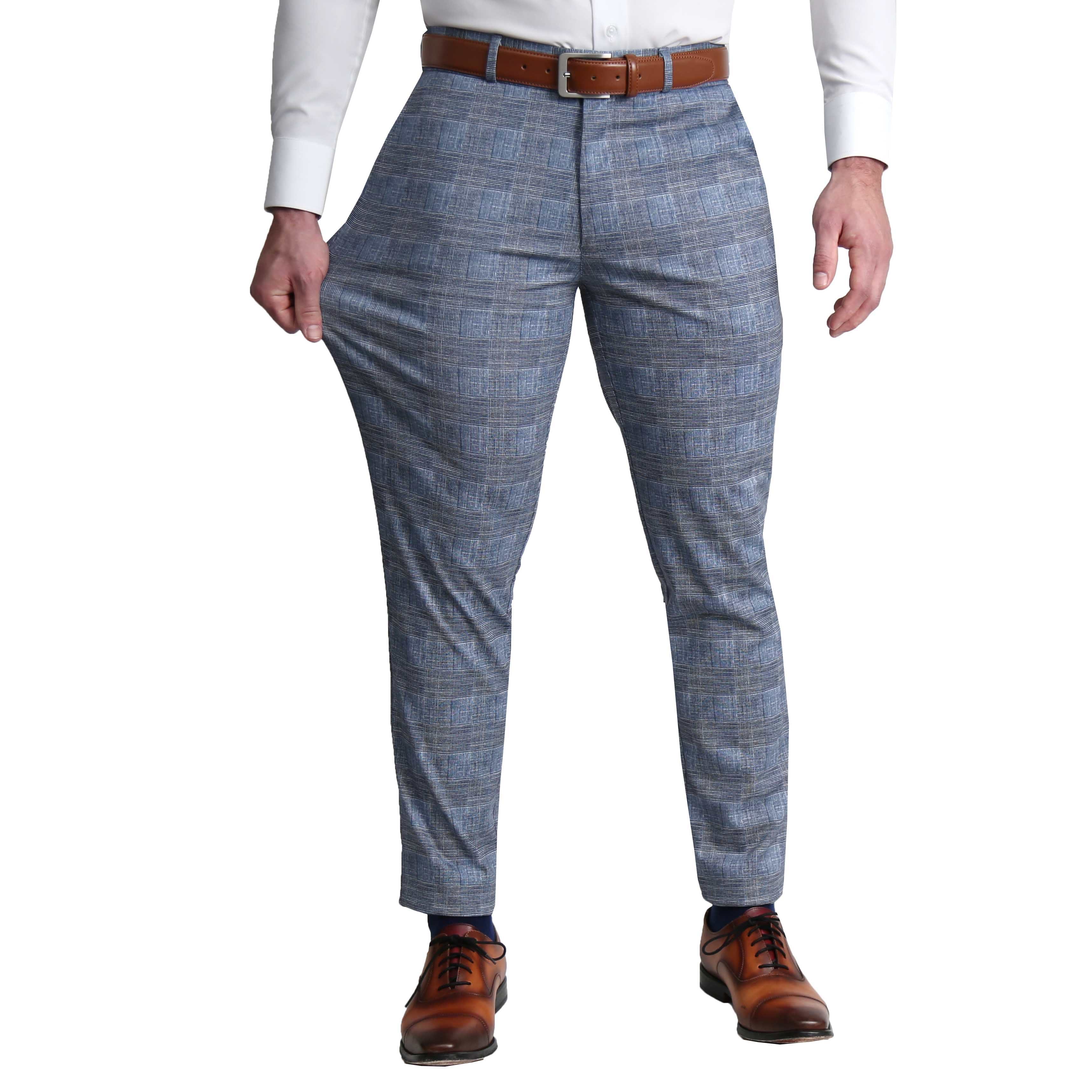 Athletic Fit Stretch Suit Pants - Knit Light Blue, Navy and White Plaid