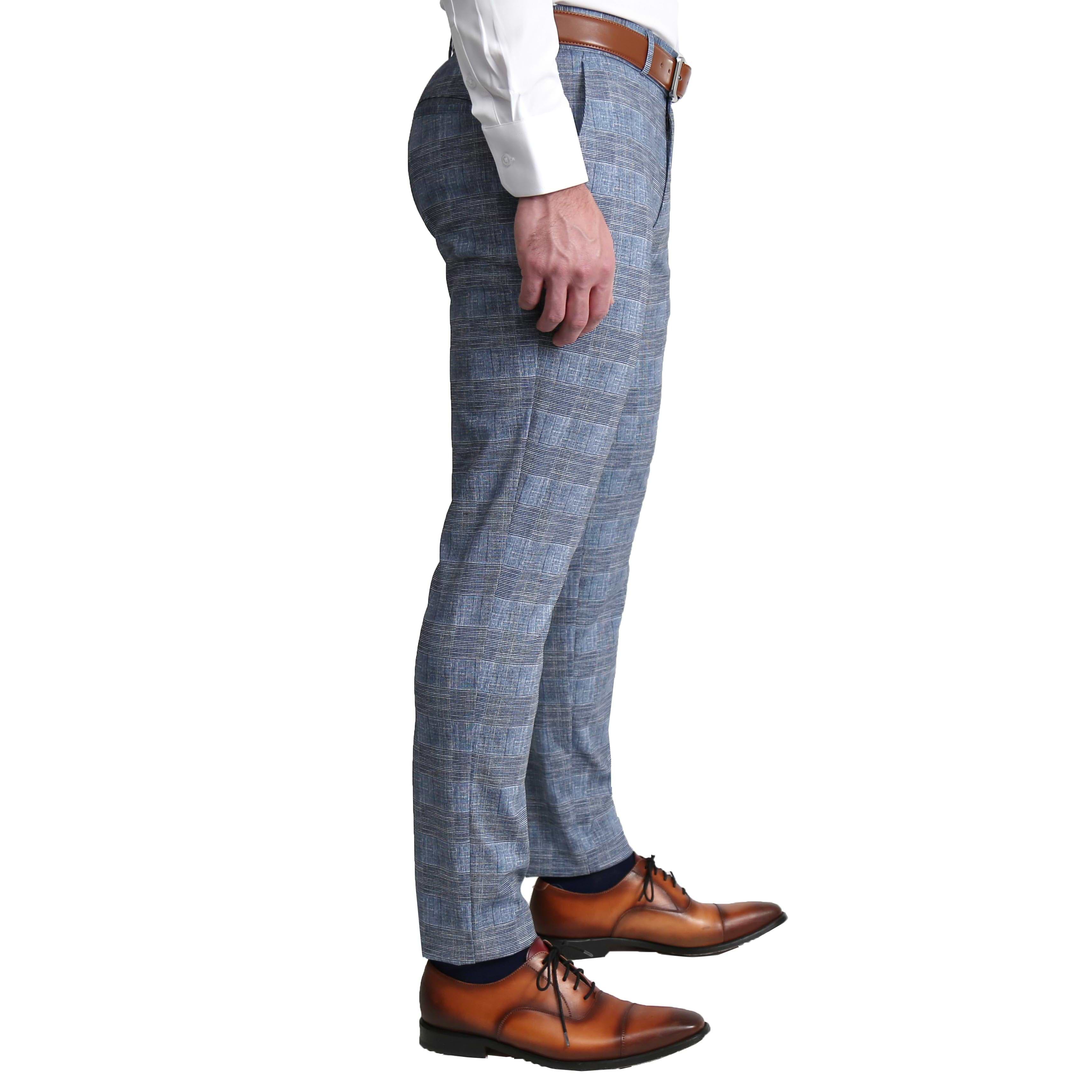 Athletic Fit Stretch Suit Pants - Knit Light Blue, Navy and White Plaid