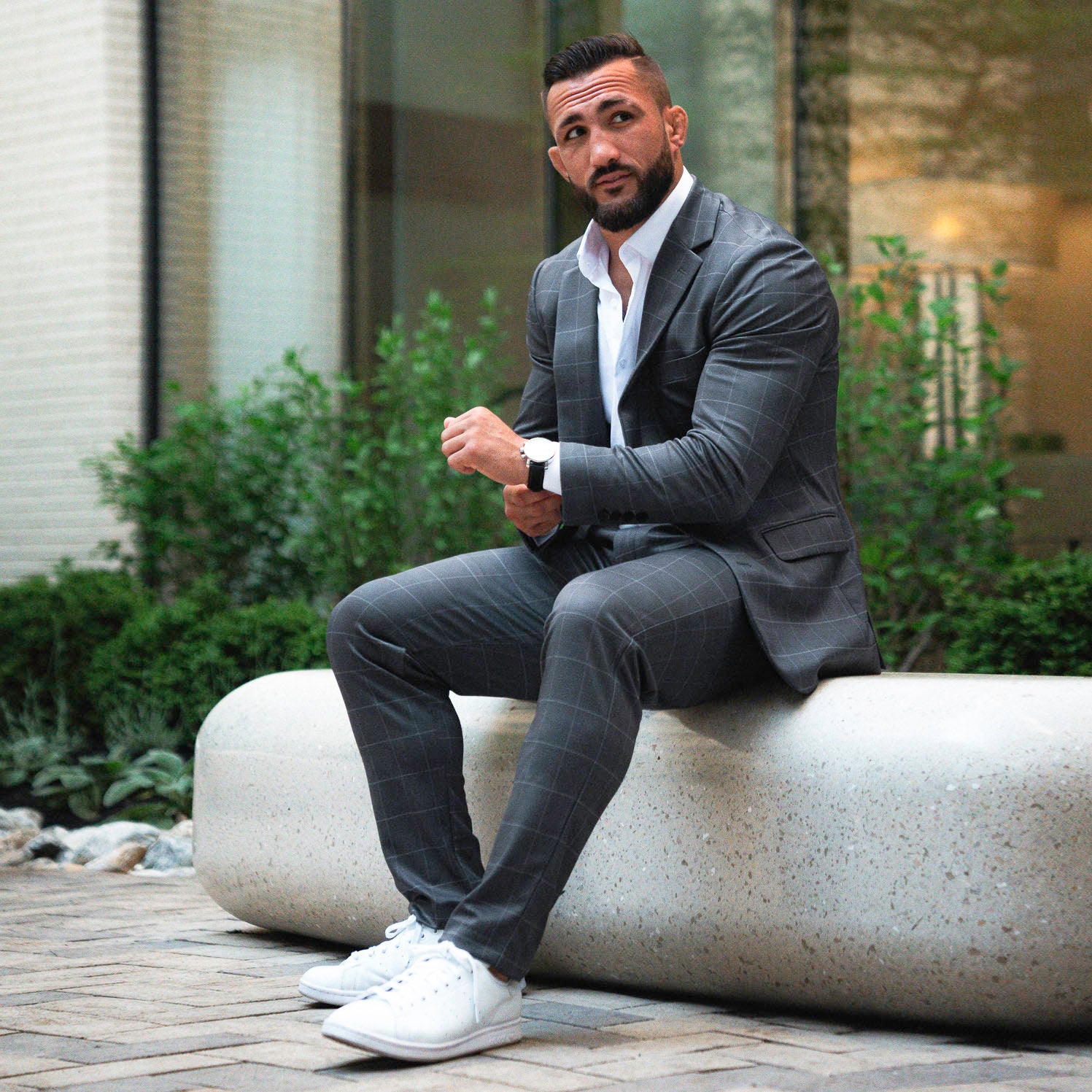 Athletic Fit Stretch Blazer - Grey and White Big Windowpane