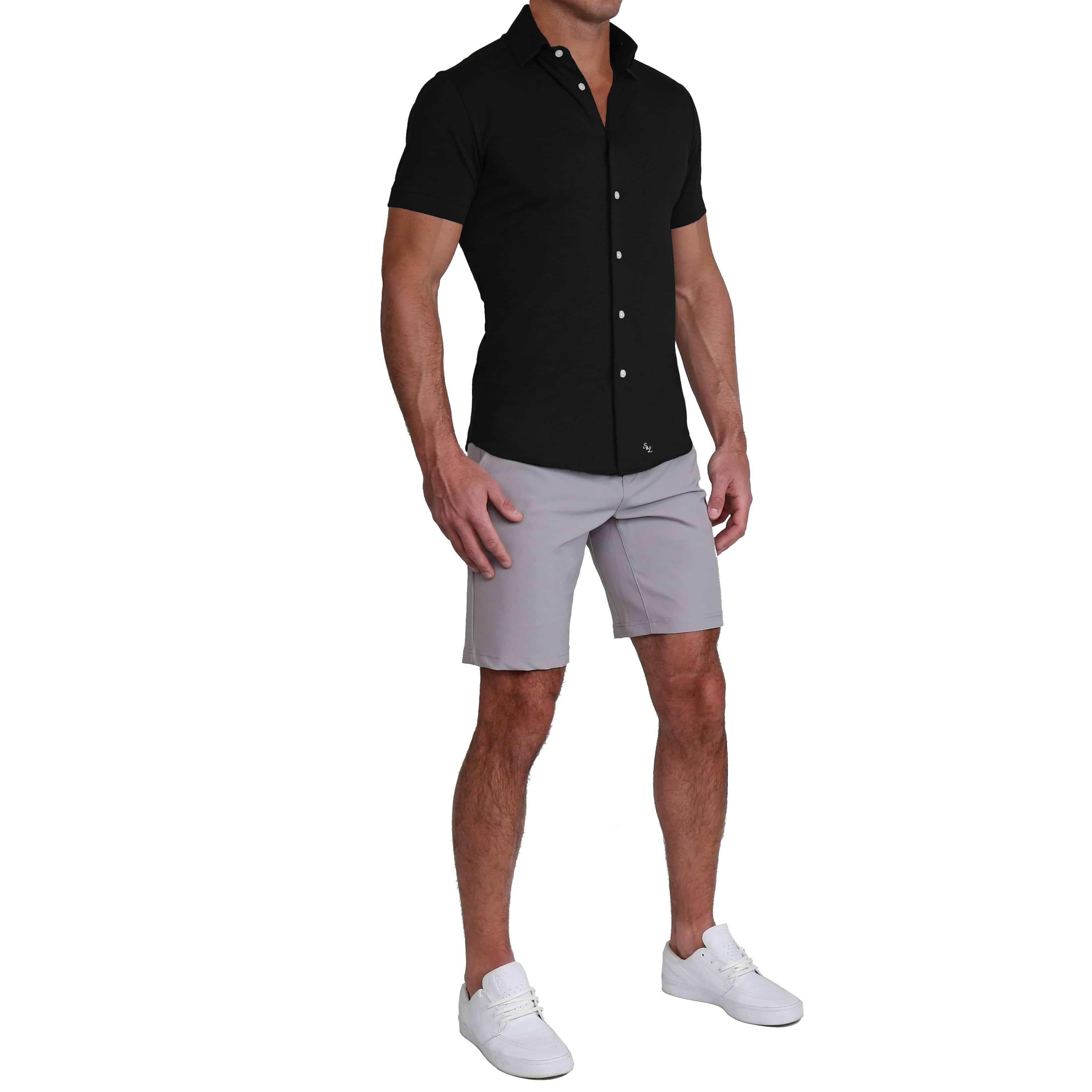 Short Sleeve Button up Shirts for Men Men Black Short Sleeve Solid Button  Front Shirt Regular-Fit Short-Sleeve (Color : Black, Size : S) : :  Clothing, Shoes & Accessories