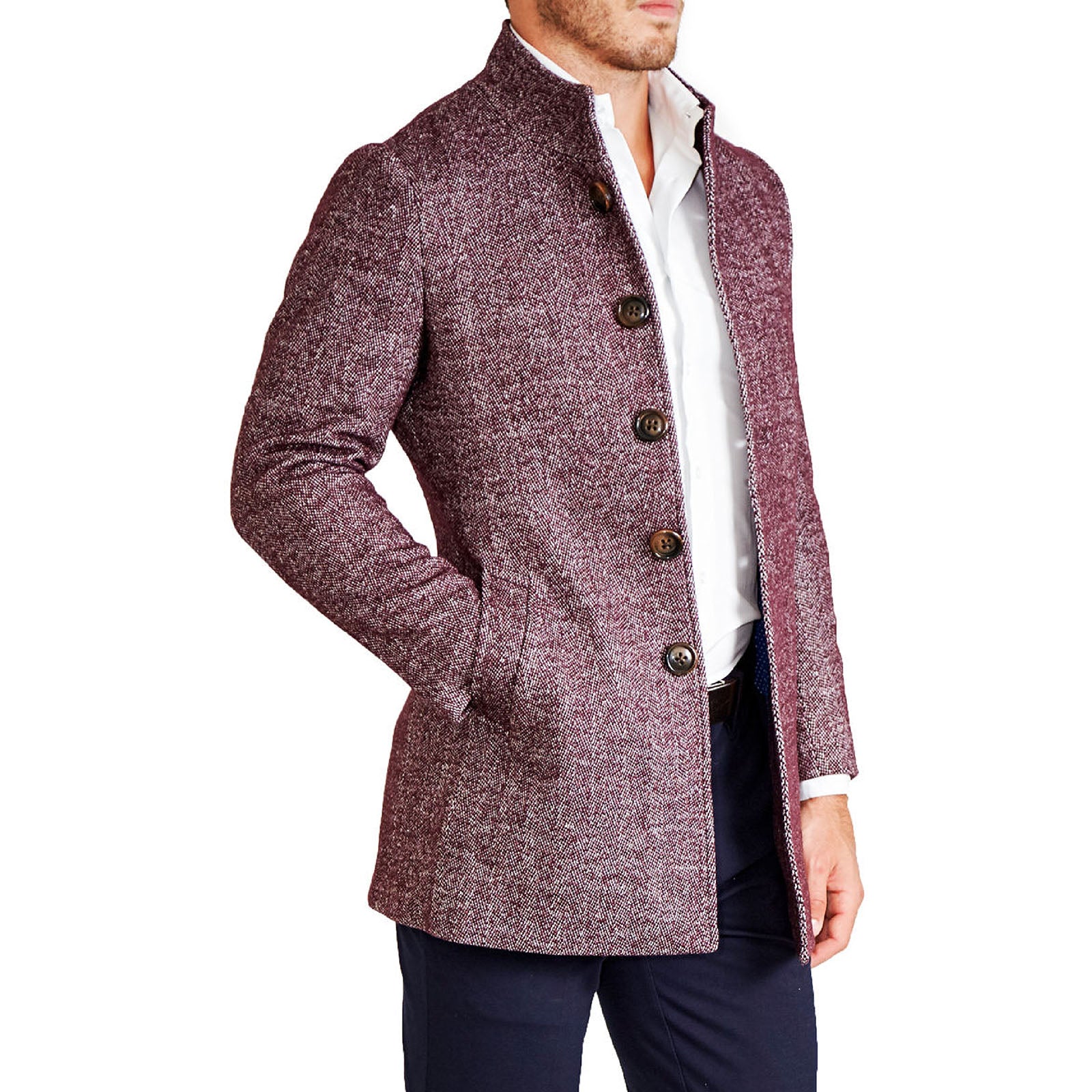 Open Button Overcoat - Maroon Herringbone