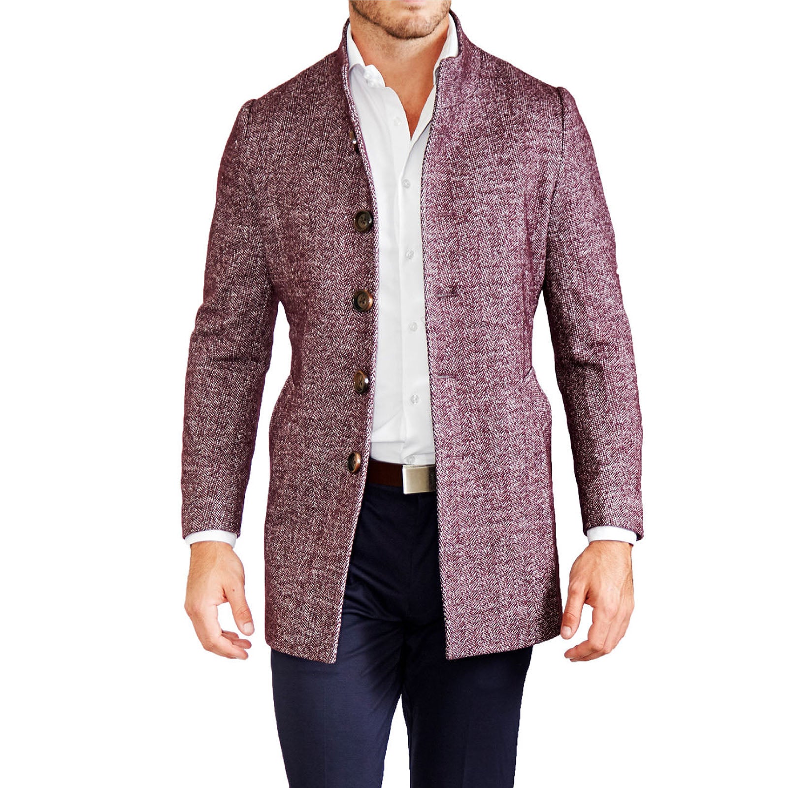 Open Button Overcoat - Maroon Herringbone