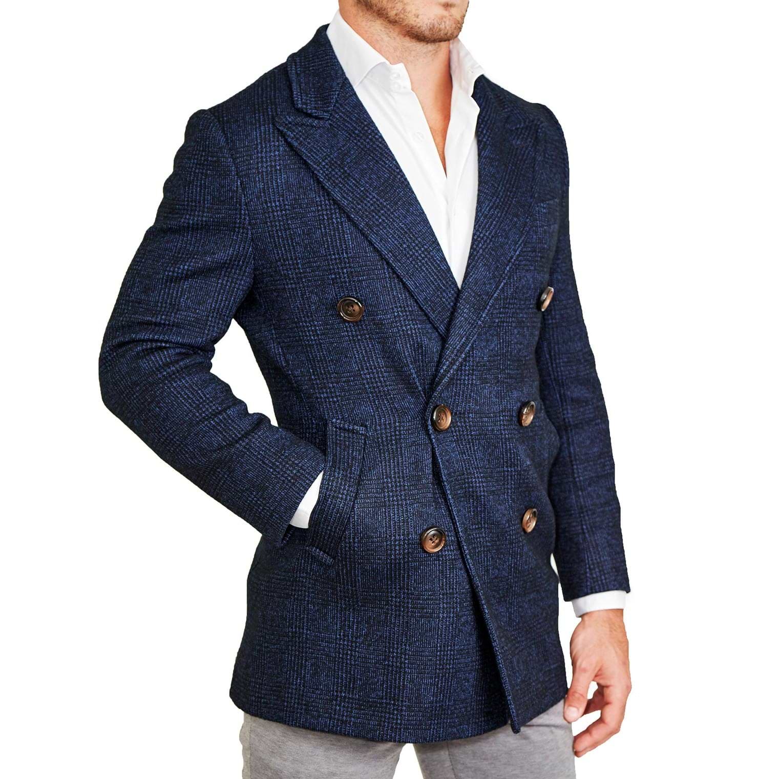 Navy Plaid Double-Breasted Overcoat