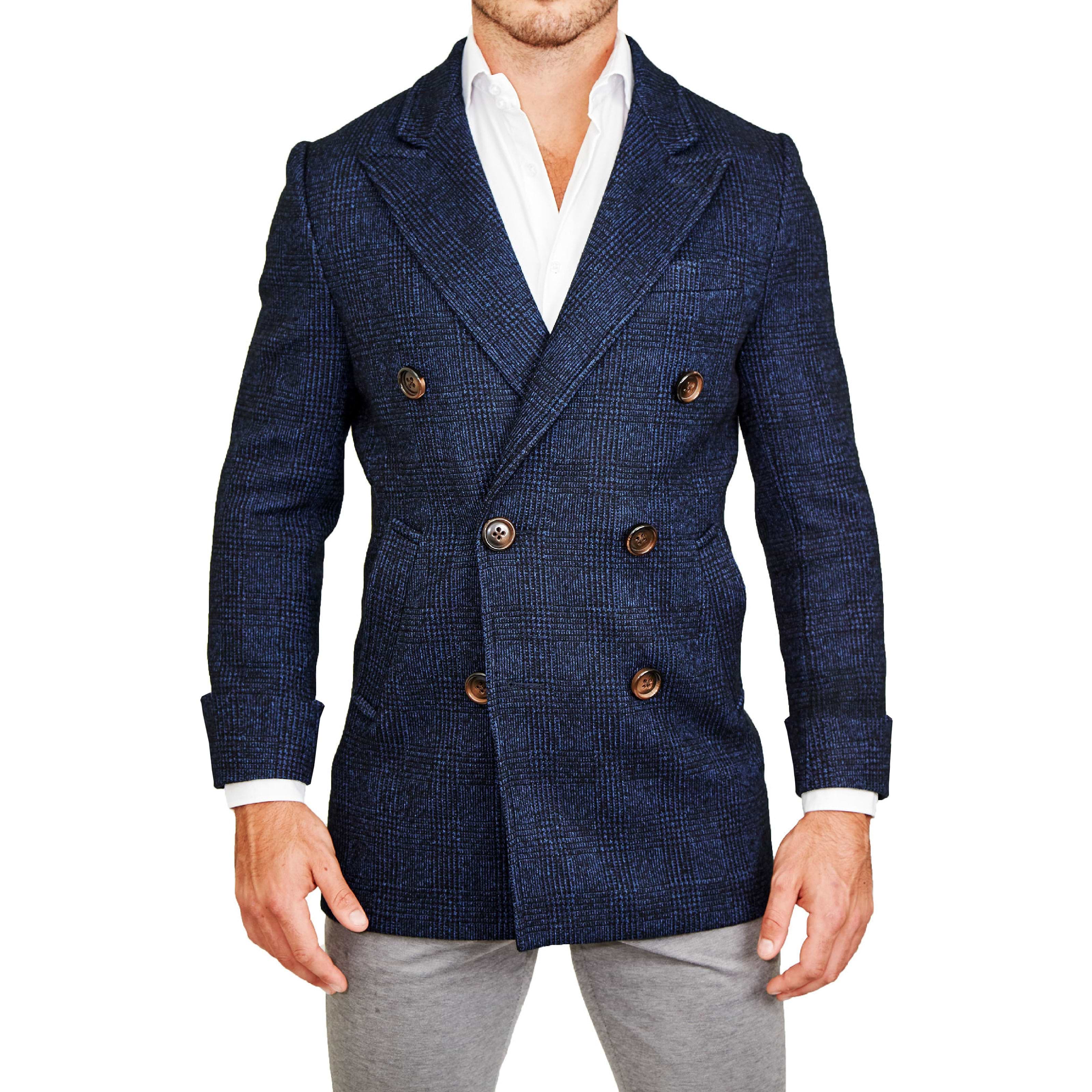 Navy Plaid Double-Breasted Overcoat