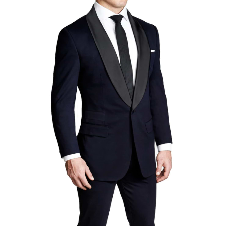 Navy Blue Blazer Black Trousers Shawl Lapel Men Suits Custom Made