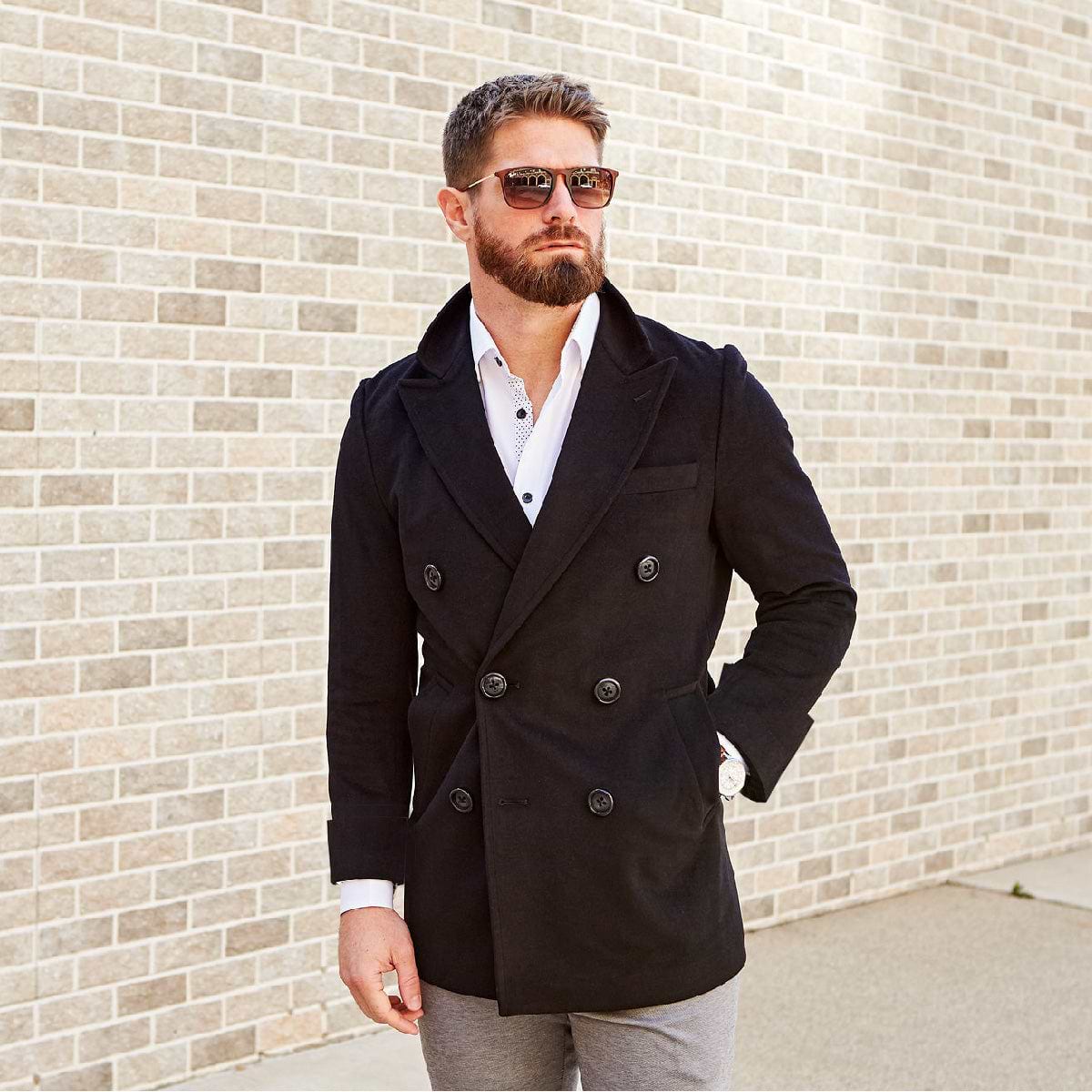 Solid Black Double-Breasted Overcoat