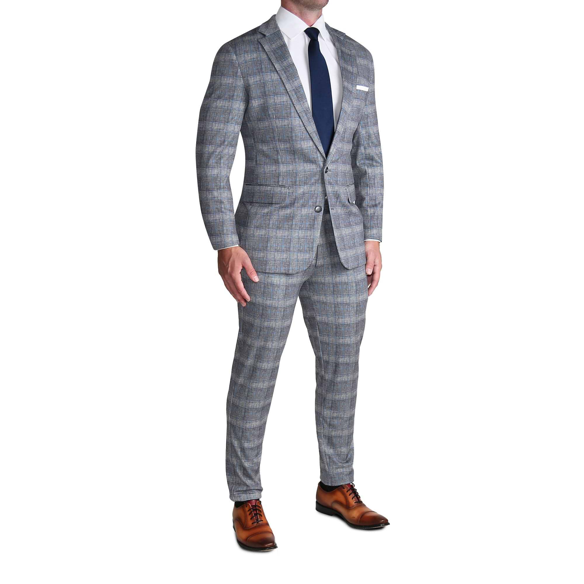 Athletic Fit Stretch Suit - Grey with Blue Plaid