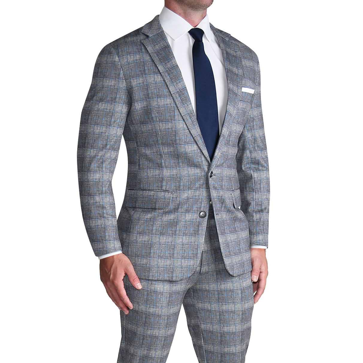 Athletic Fit Stretch Suit - Grey with Blue Plaid