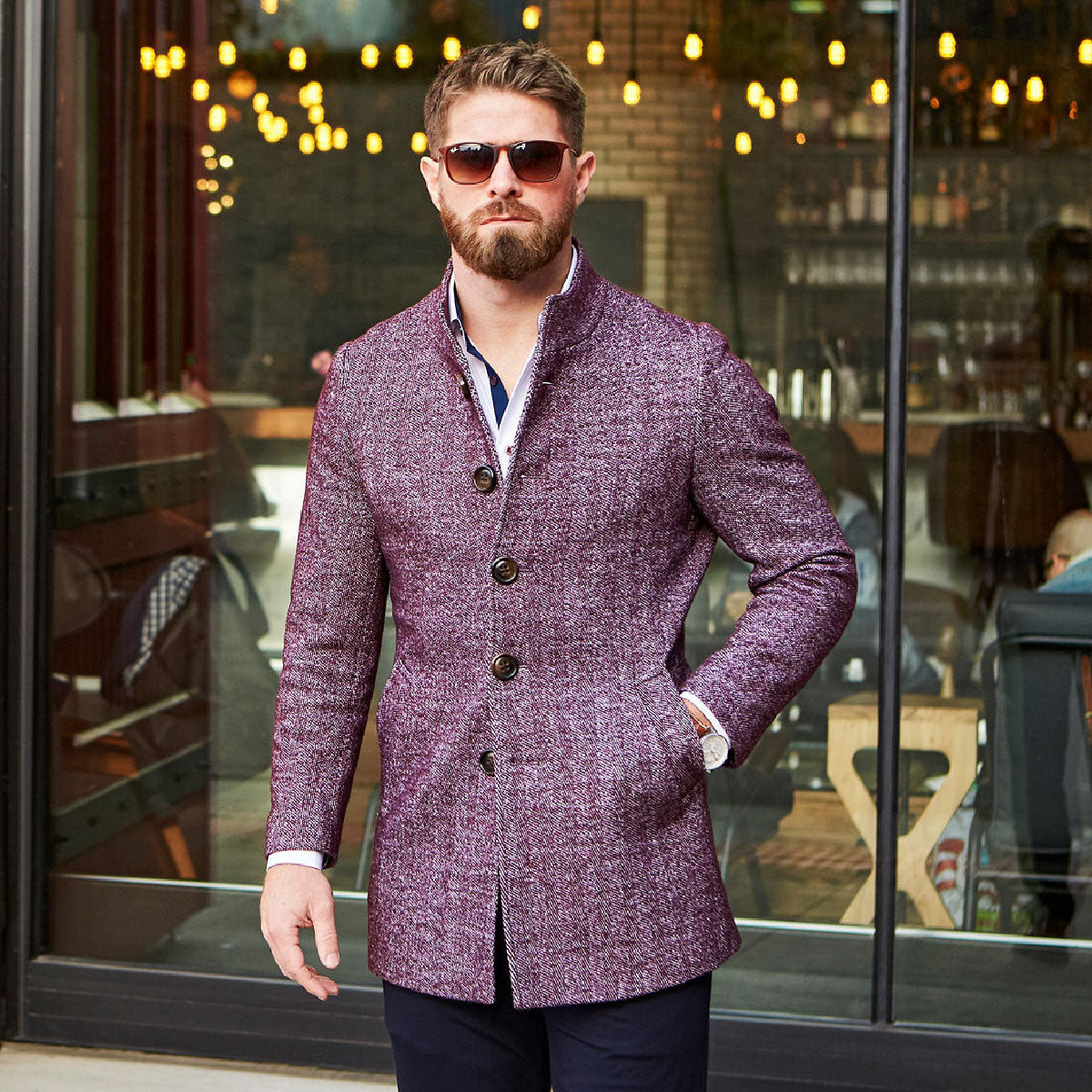 Open Button Overcoat - Maroon Herringbone